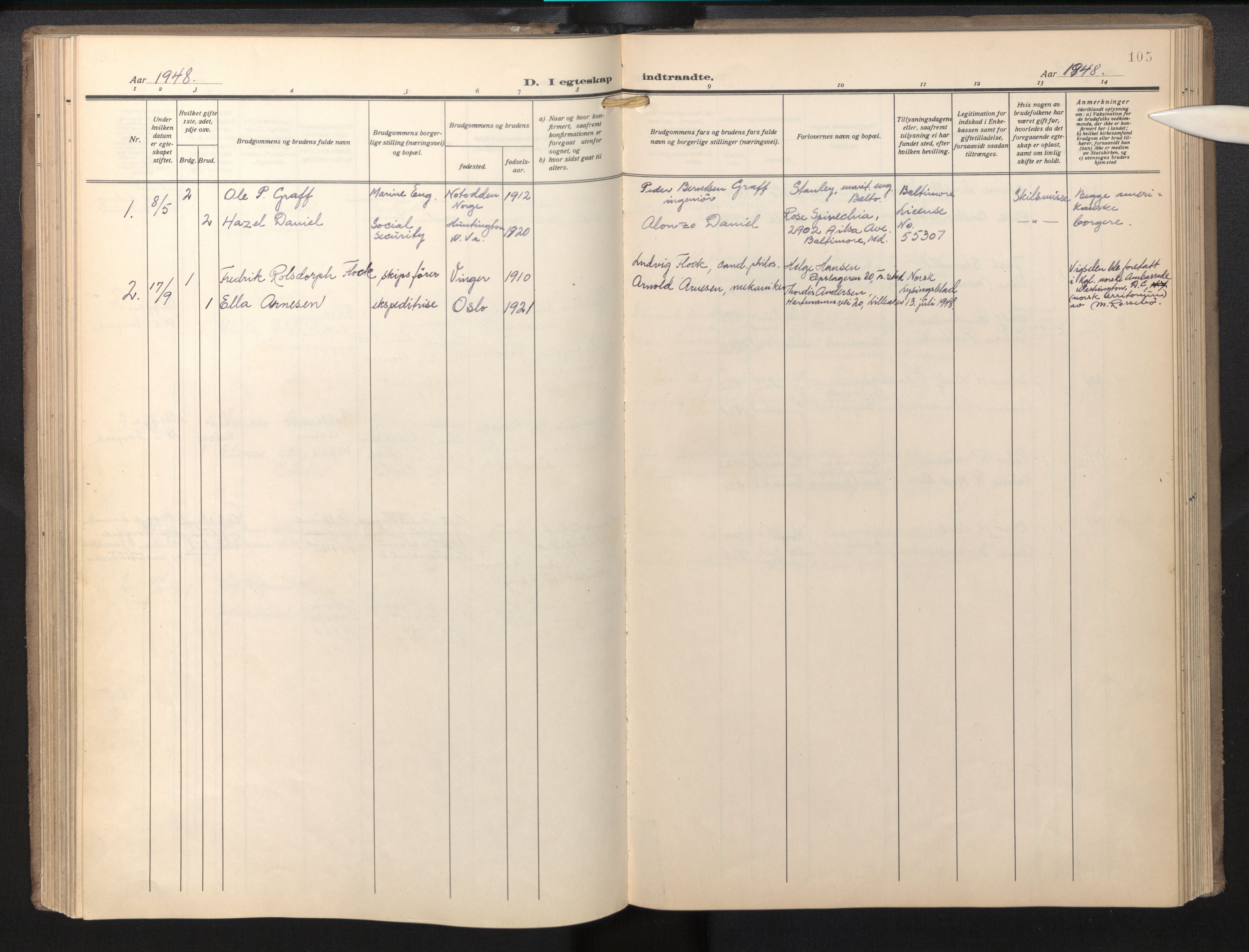 Den norske sjømannsmisjon i utlandet / Baltimore, AV/SAB-SAB/PA-0169/H/Ha/L0001: Parish register (official) no. A 1, 1927-1975, p. 104b-105a