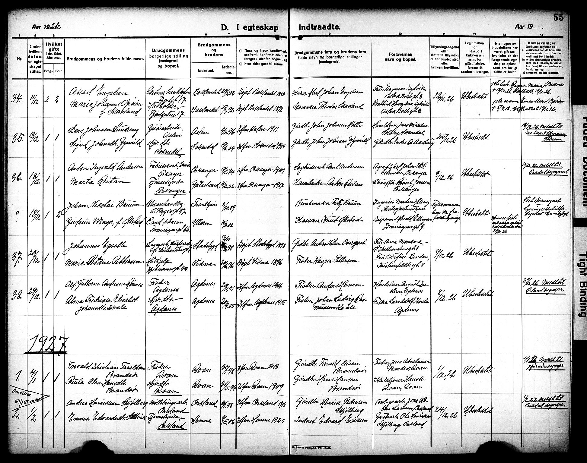 Ministerialprotokoller, klokkerbøker og fødselsregistre - Sør-Trøndelag, SAT/A-1456/602/L0149: Parish register (copy) no. 602C17, 1919-1932, p. 55