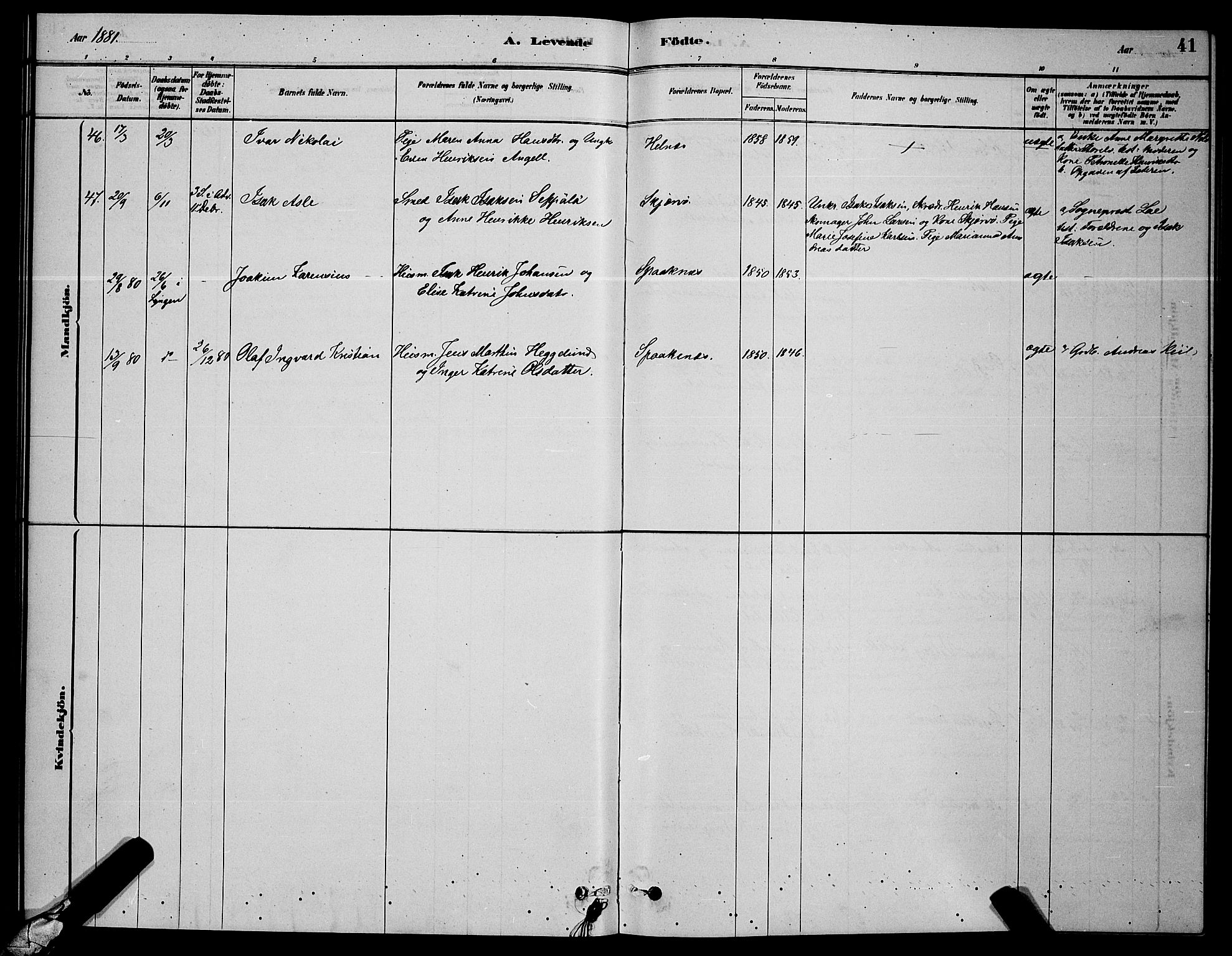 Skjervøy sokneprestkontor, AV/SATØ-S-1300/H/Ha/Hab/L0006klokker: Parish register (copy) no. 6, 1878-1888, p. 41