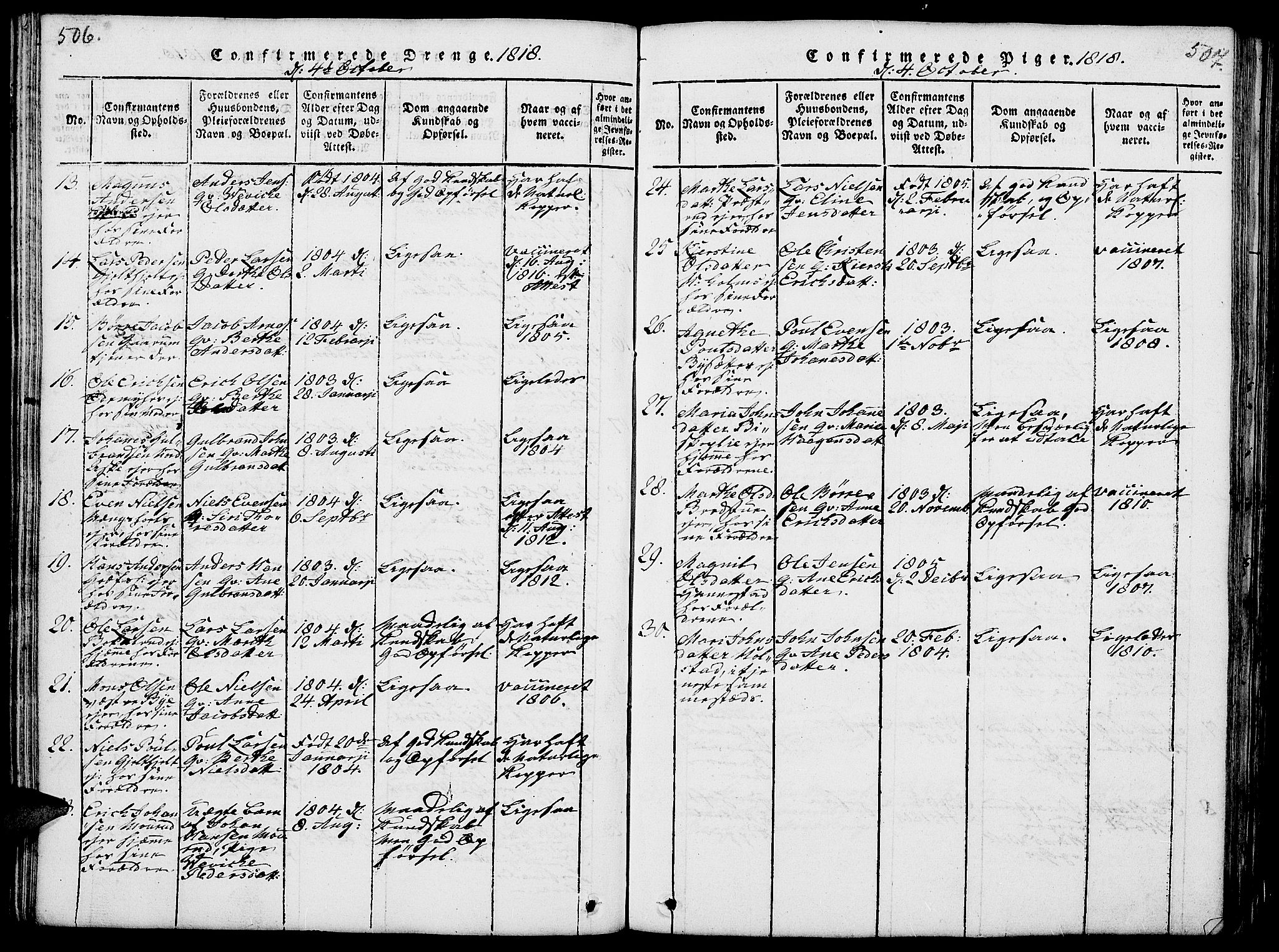 Nes prestekontor, Hedmark, AV/SAH-PREST-020/L/La/L0003: Parish register (copy) no. 3, 1814-1831, p. 506-507