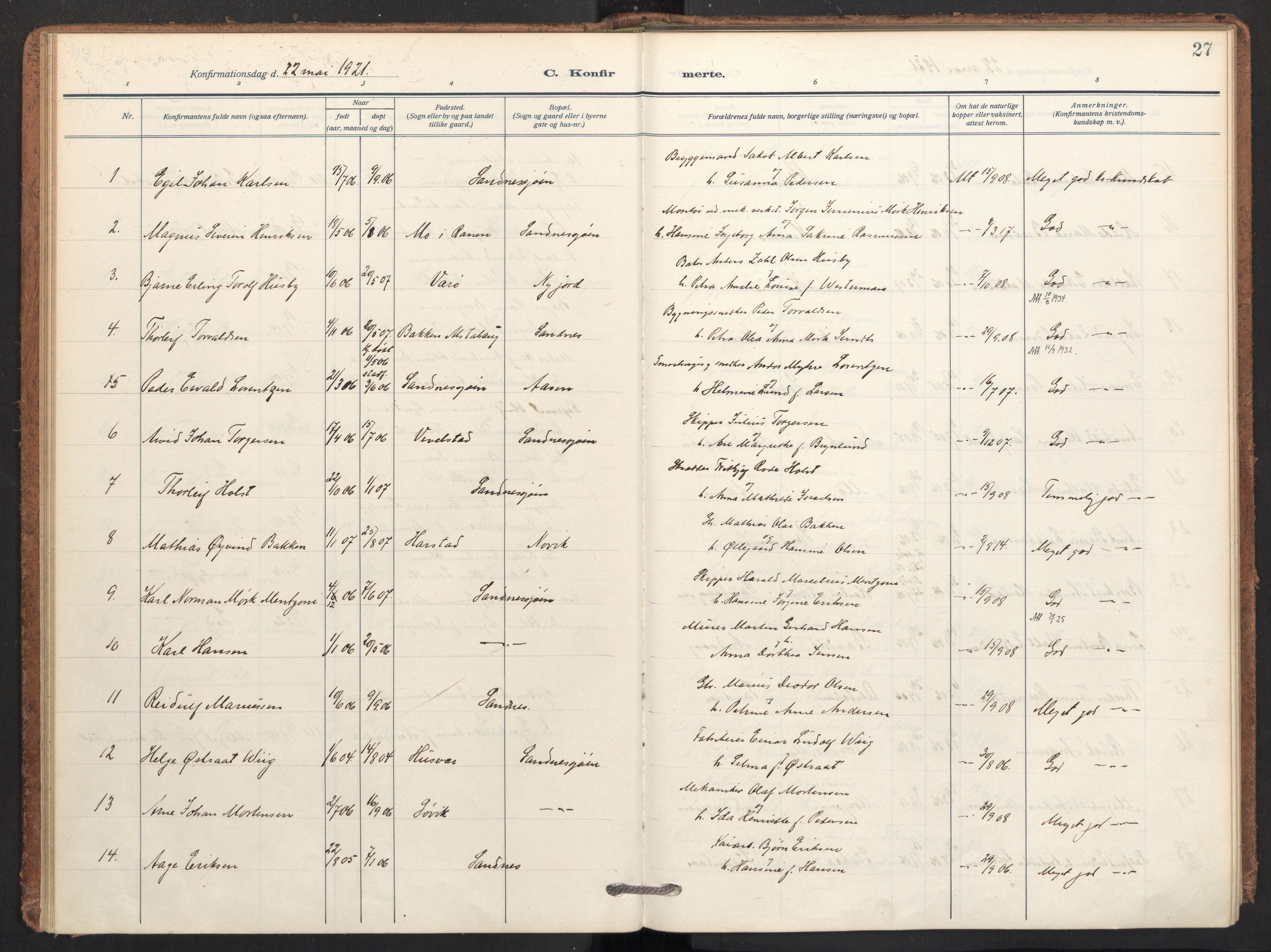 Ministerialprotokoller, klokkerbøker og fødselsregistre - Nordland, AV/SAT-A-1459/831/L0473: Parish register (official) no. 831A04, 1909-1934, p. 27