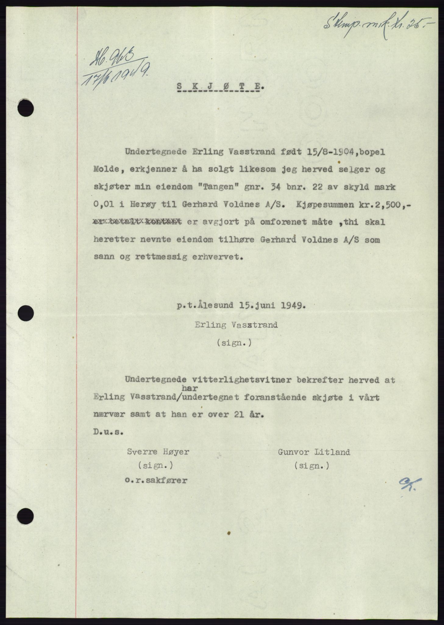 Søre Sunnmøre sorenskriveri, SAT/A-4122/1/2/2C/L0084: Mortgage book no. 10A, 1949-1949, Diary no: : 963/1949