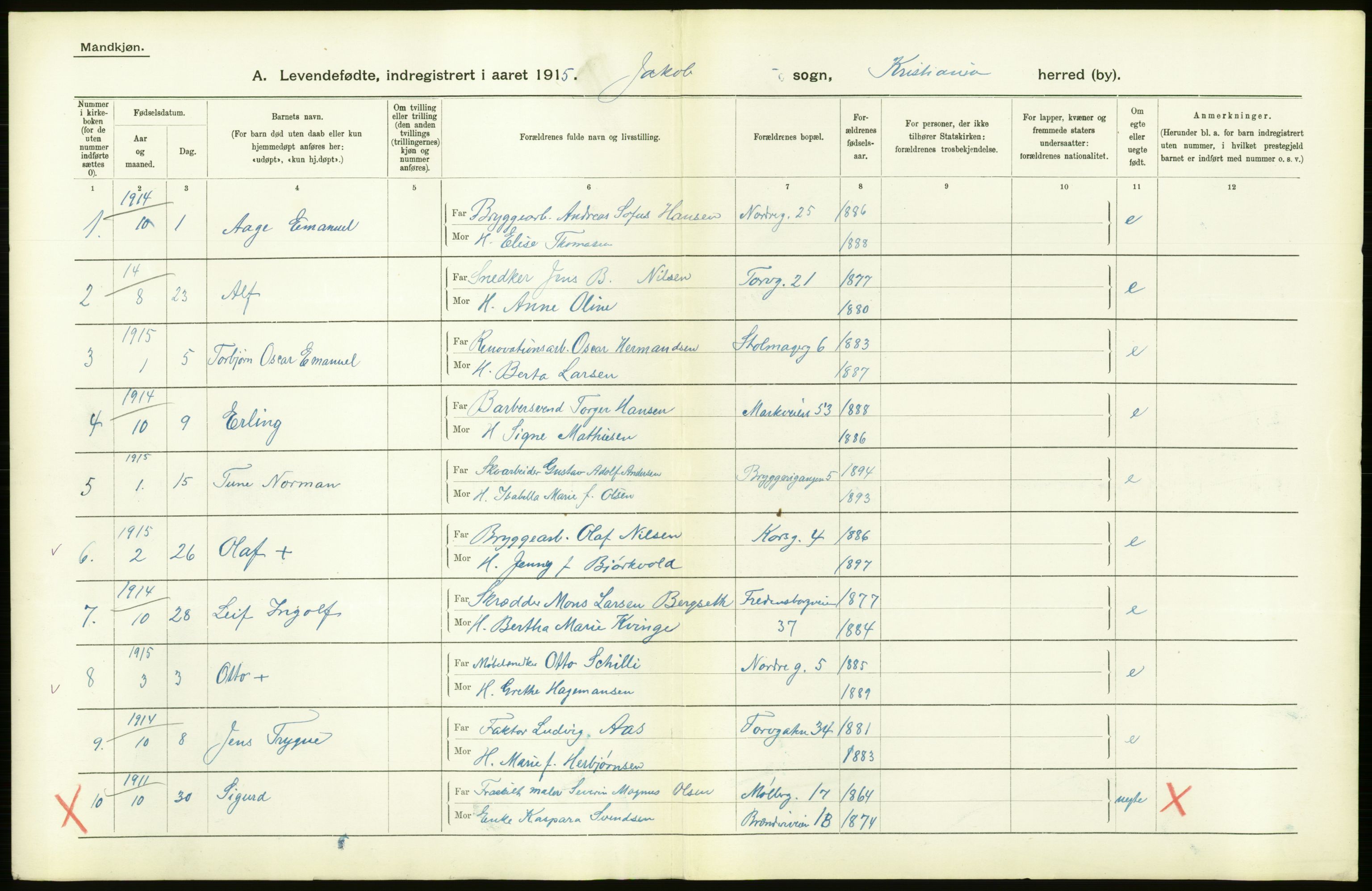 Statistisk sentralbyrå, Sosiodemografiske emner, Befolkning, RA/S-2228/D/Df/Dfb/Dfbe/L0006: Kristiania: Levendefødte menn og kvinner., 1915, p. 626