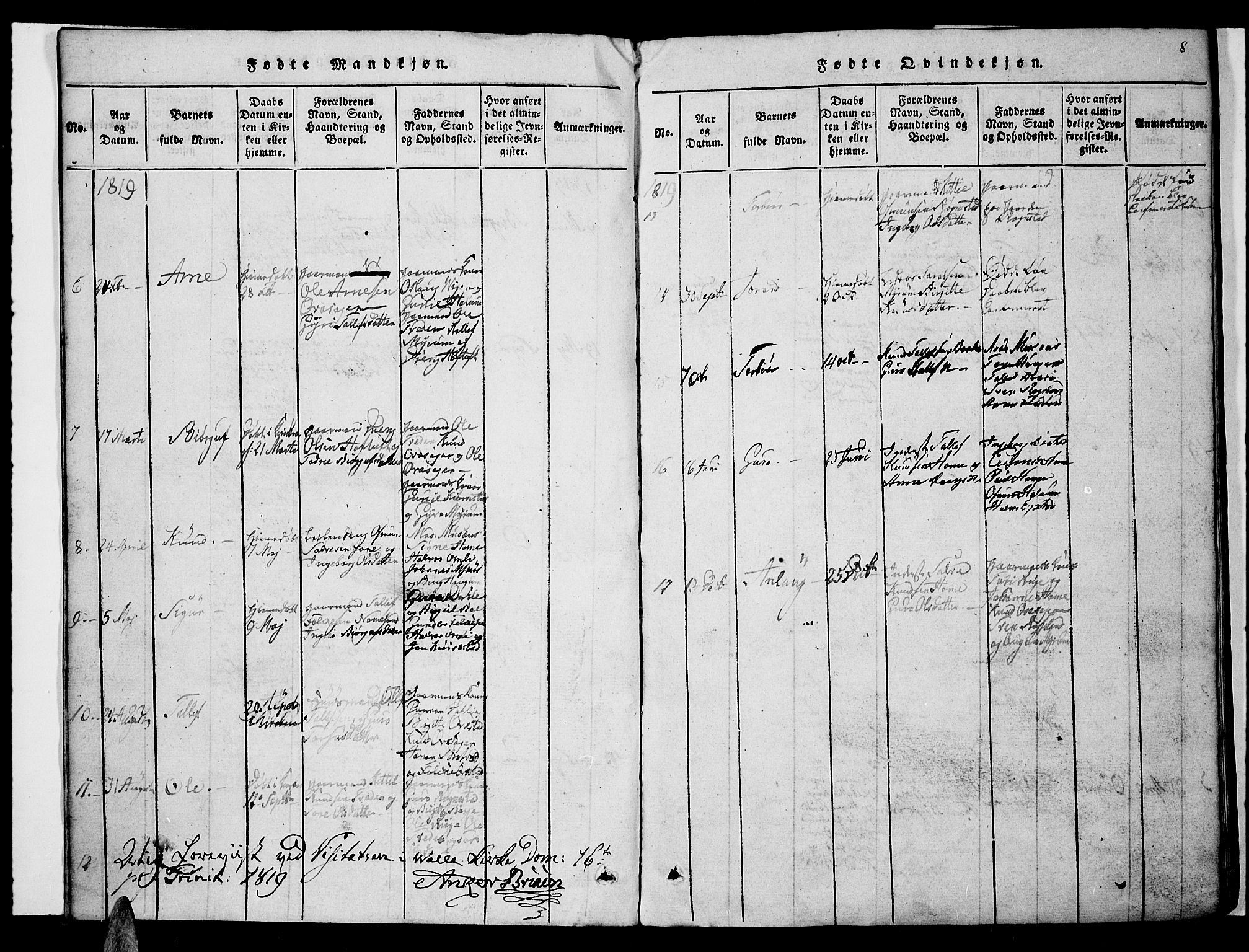 Valle sokneprestkontor, AV/SAK-1111-0044/F/Fb/Fbc/L0001: Parish register (copy) no. B 1 /1, 1816-1829, p. 8