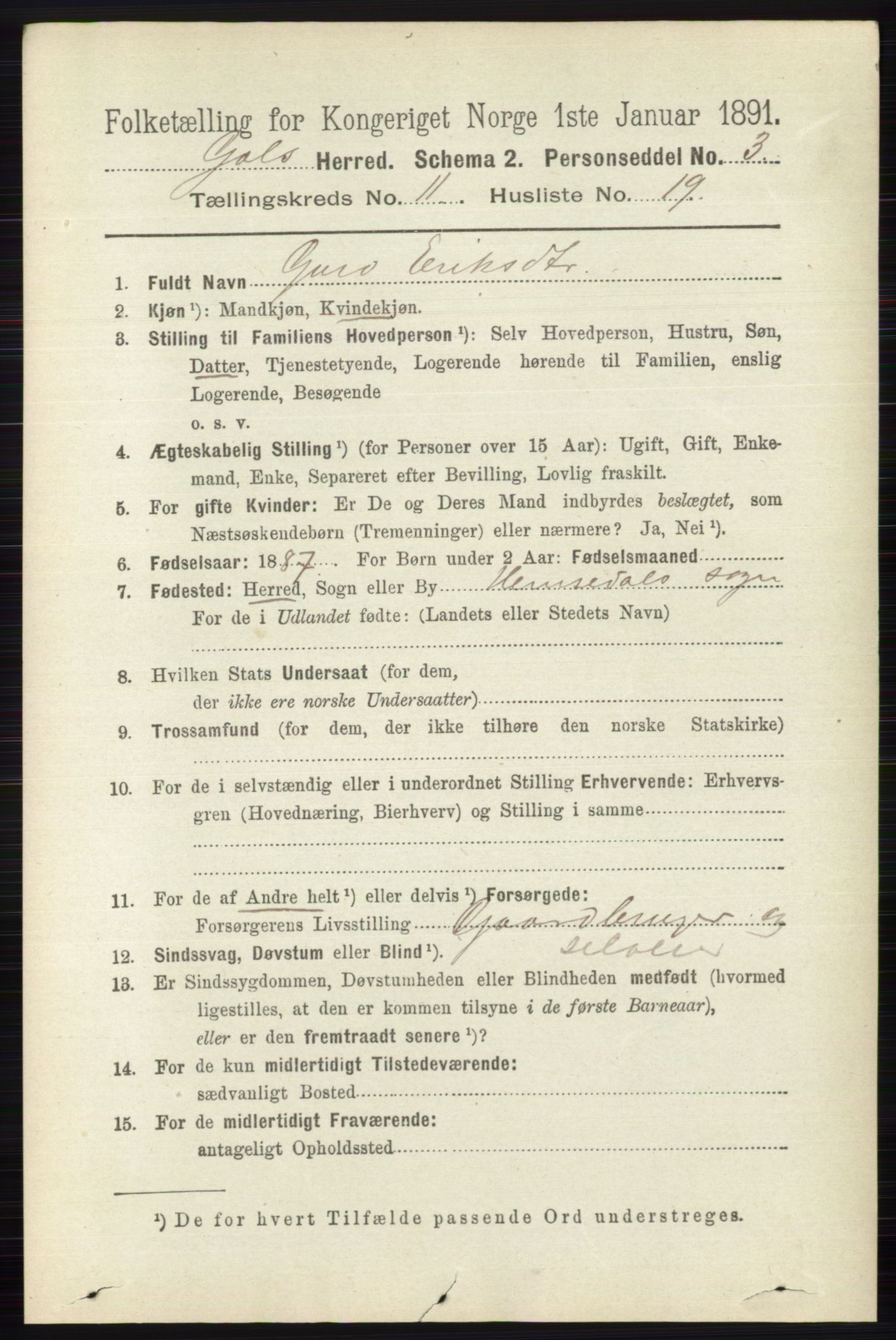 RA, 1891 census for 0617 Gol og Hemsedal, 1891, p. 4460