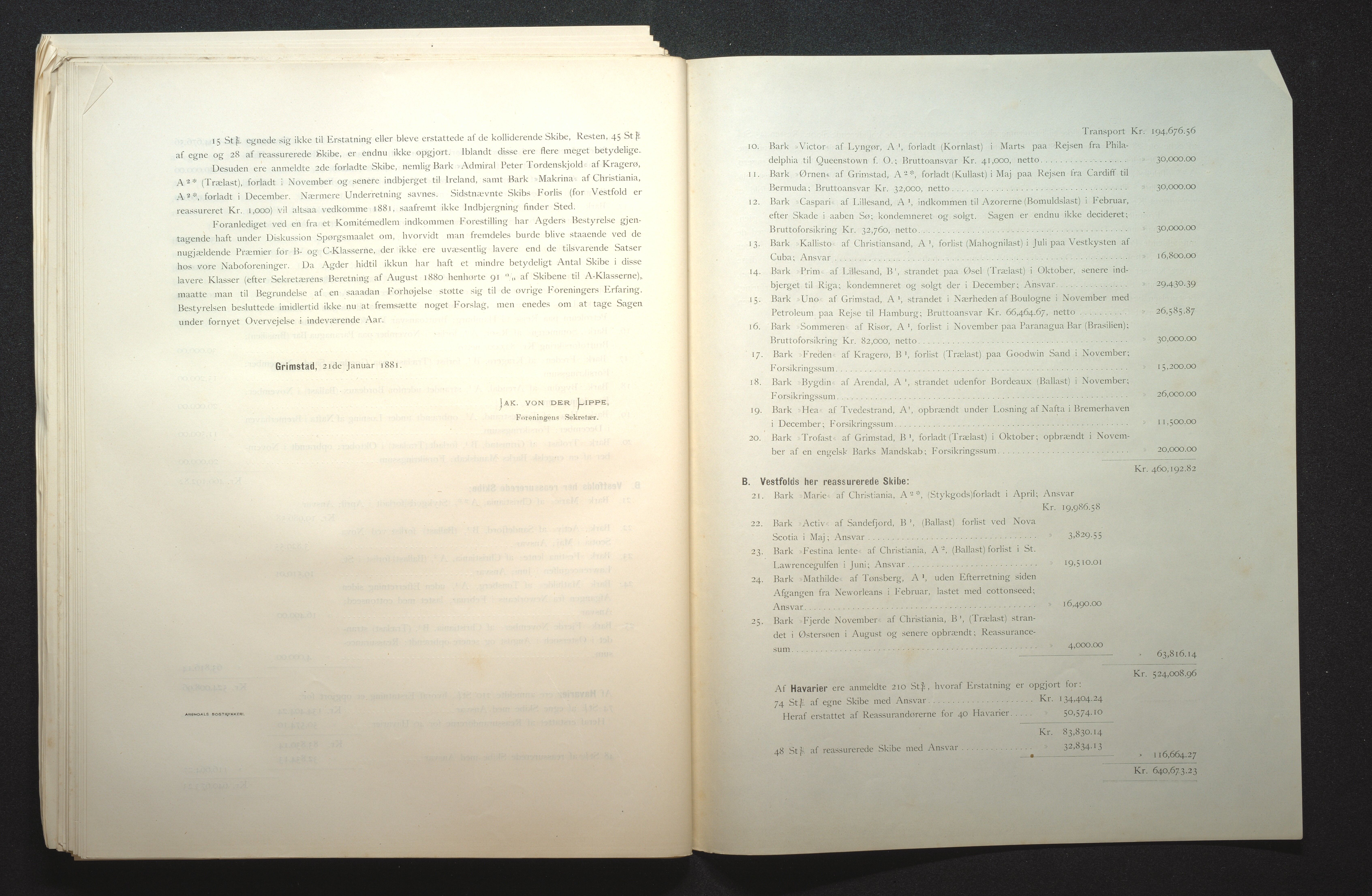 Agders Gjensidige Assuranceforening, AAKS/PA-1718/05/L0001: Regnskap, seilavdeling, pakkesak, 1855-1880