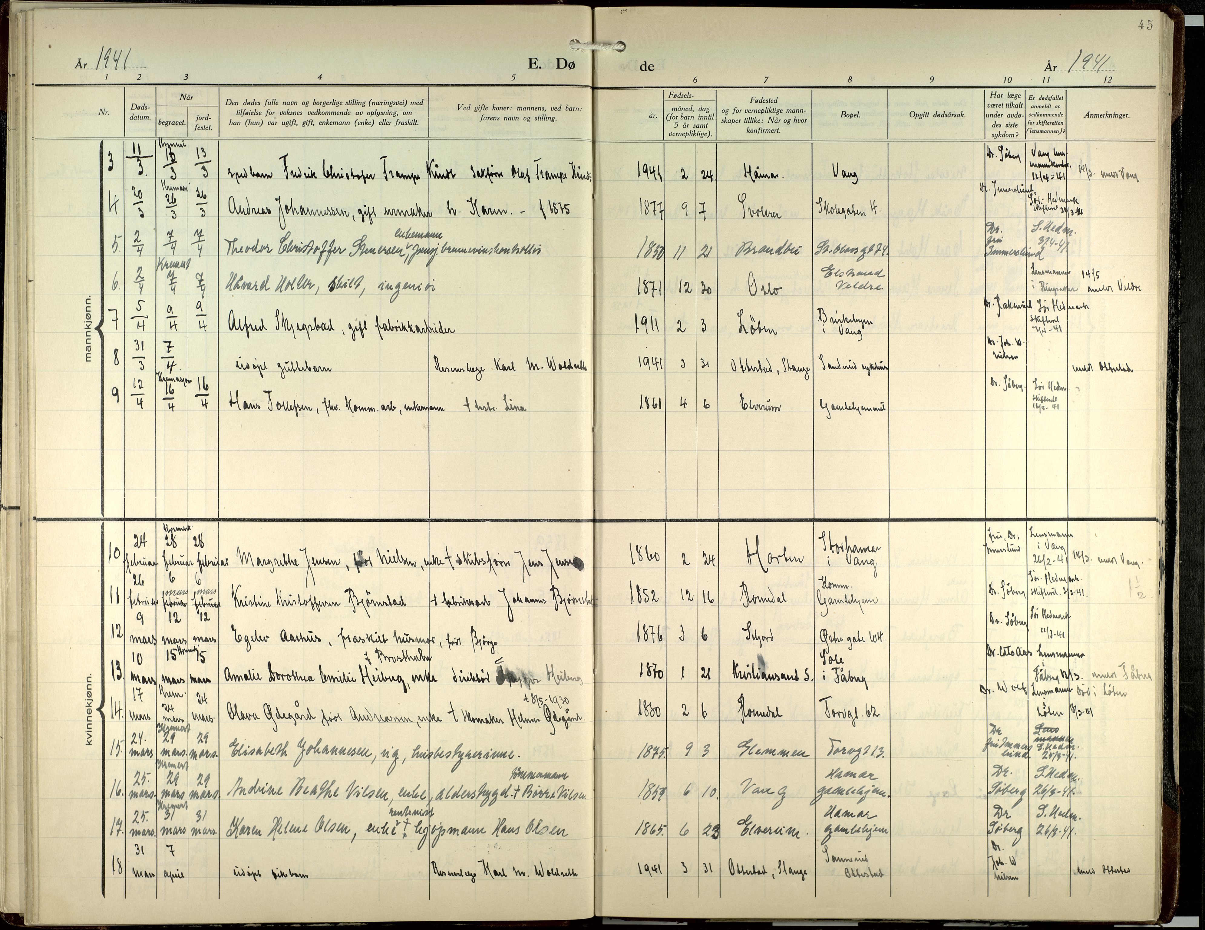 Hamar prestekontor, AV/SAH-DOMPH-002/H/Ha/Haa/L0007: Parish register (official) no. 7, 1933-1953, p. 45