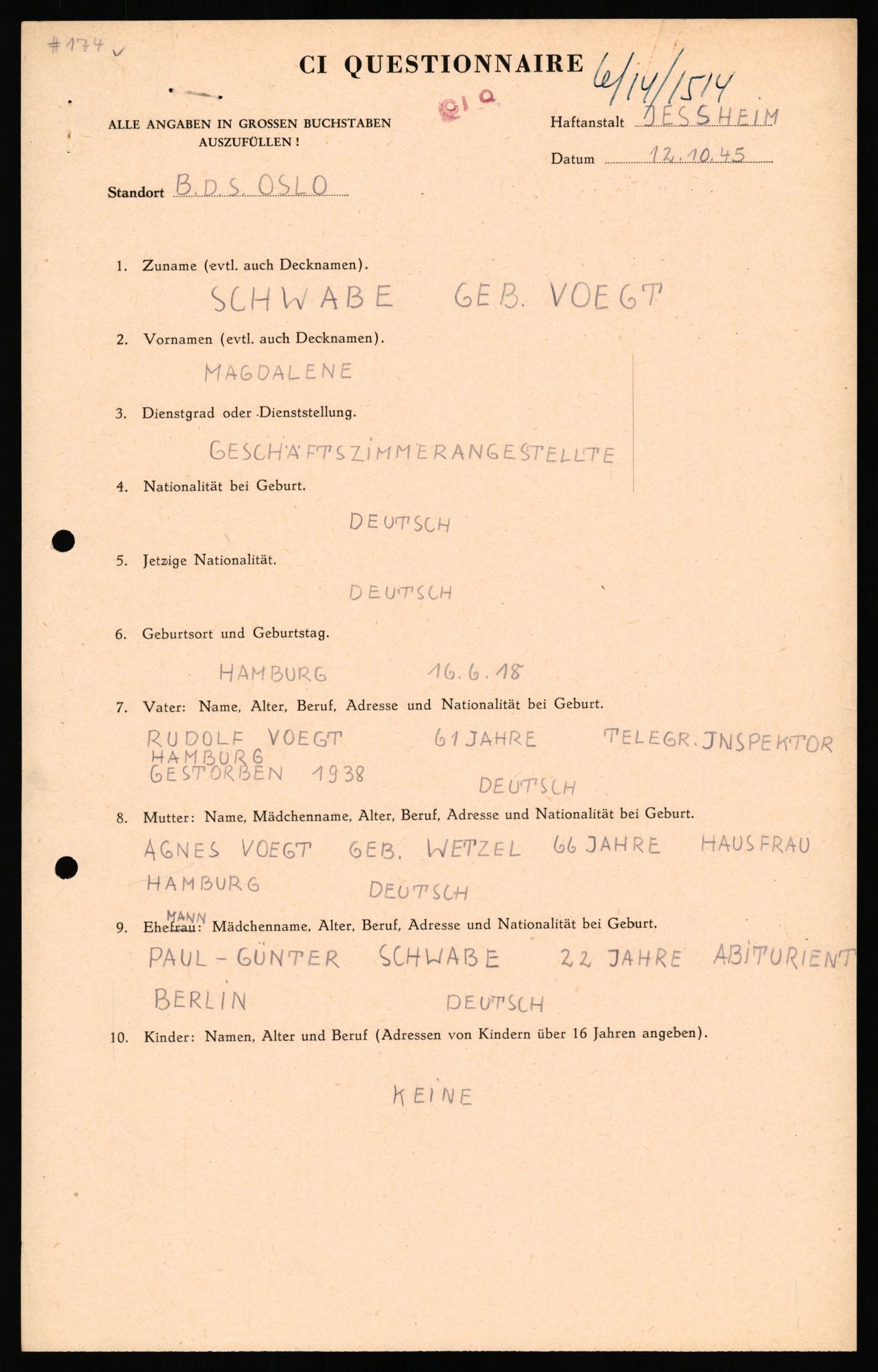 Forsvaret, Forsvarets overkommando II, RA/RAFA-3915/D/Db/L0031: CI Questionaires. Tyske okkupasjonsstyrker i Norge. Tyskere., 1945-1946, p. 2