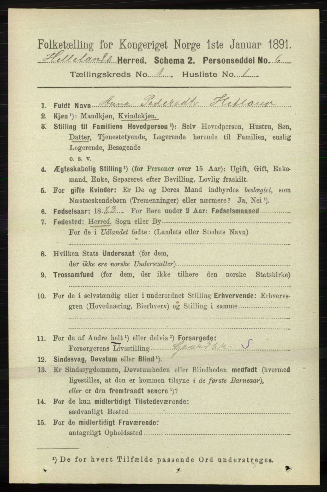 RA, 1891 census for 1115 Helleland, 1891, p. 72