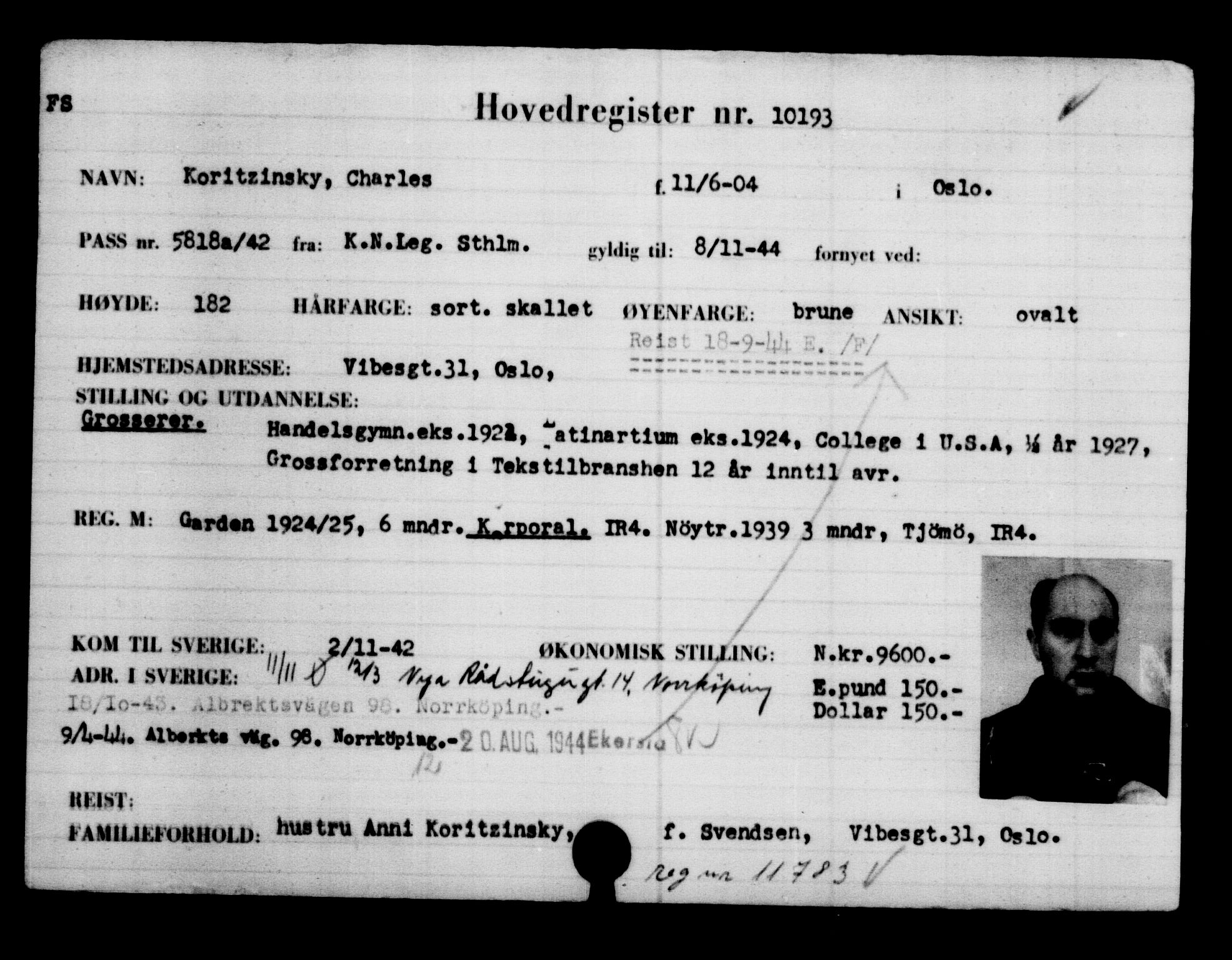 Utenriksstasjonene, Legasjonen i Stockholm, Flyktningkontoret, AV/RA-S-6753/V/Va/L0006: Kjesäterkartoteket, flyktninger med registreringsnr. 9400-12711, 1940-1945, p. 910