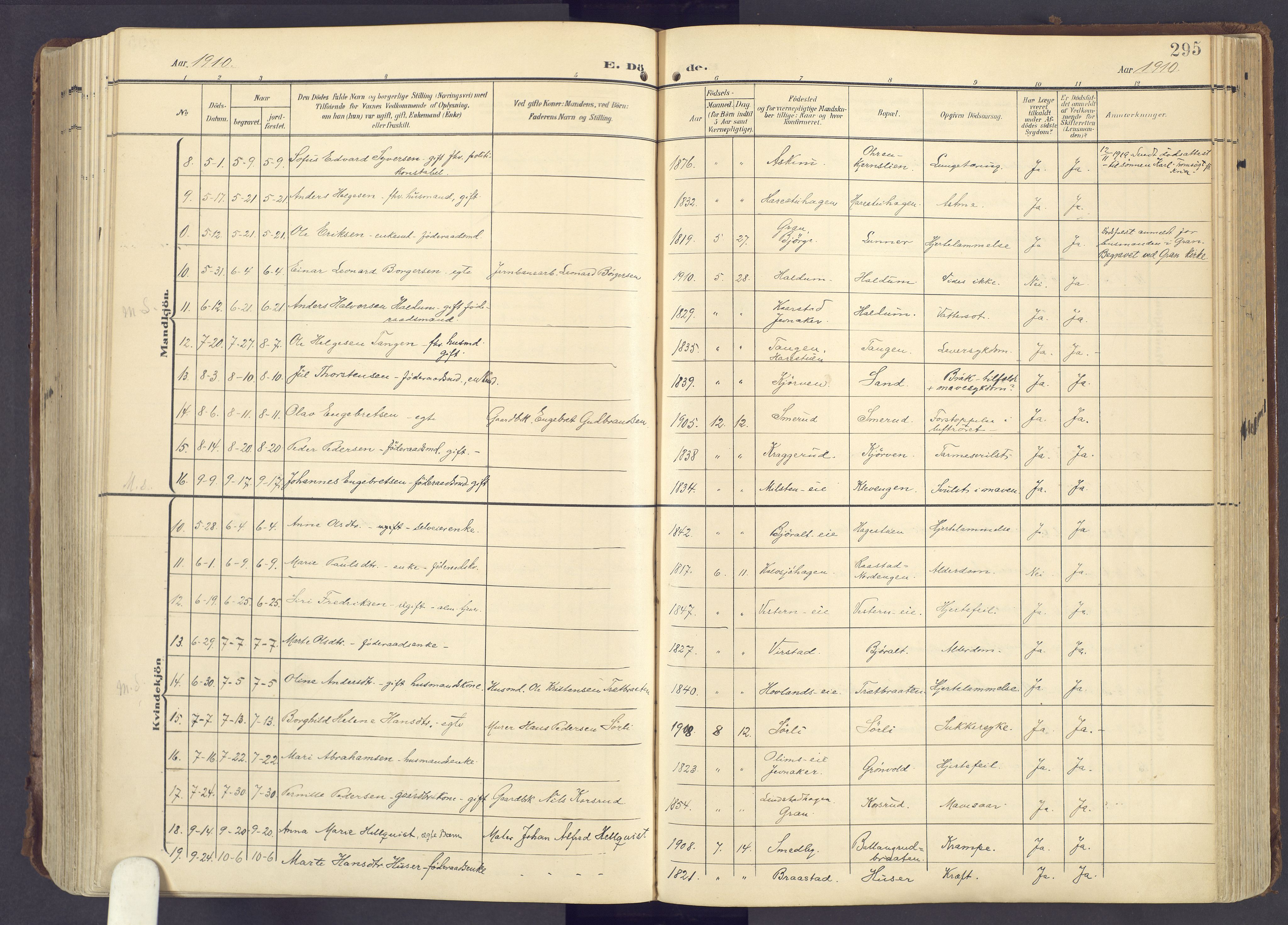 Lunner prestekontor, AV/SAH-PREST-118/H/Ha/Haa/L0001: Parish register (official) no. 1, 1907-1922, p. 295