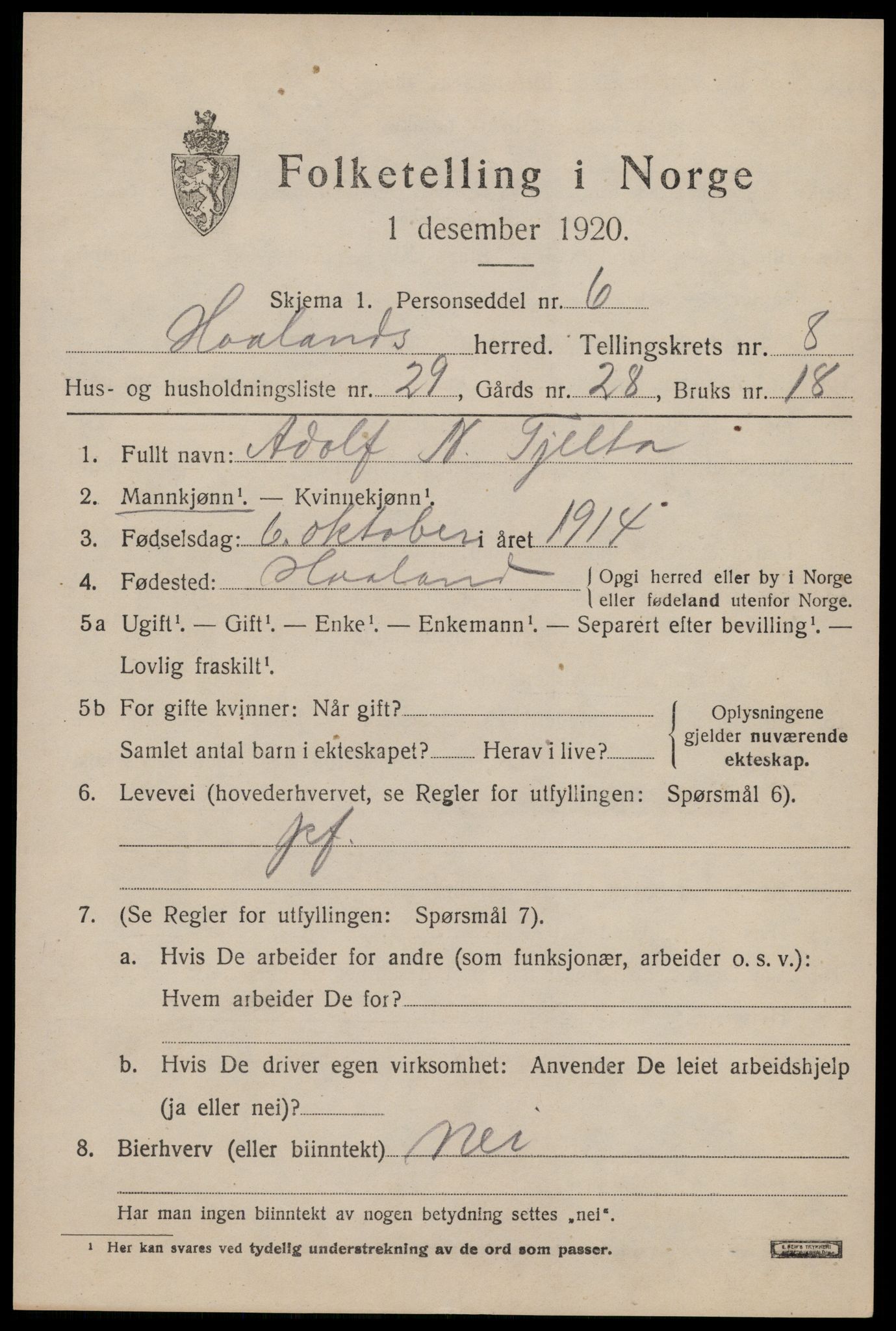 SAST, 1920 census for Håland, 1920, p. 6687