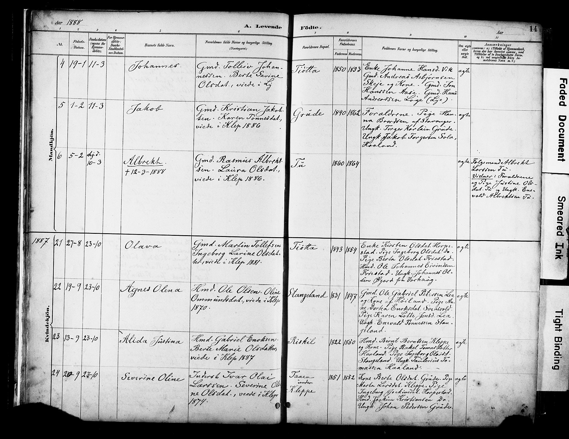 Klepp sokneprestkontor, SAST/A-101803/001/3/30BA/L0009: Parish register (official) no. A 7, 1886-1915, p. 14