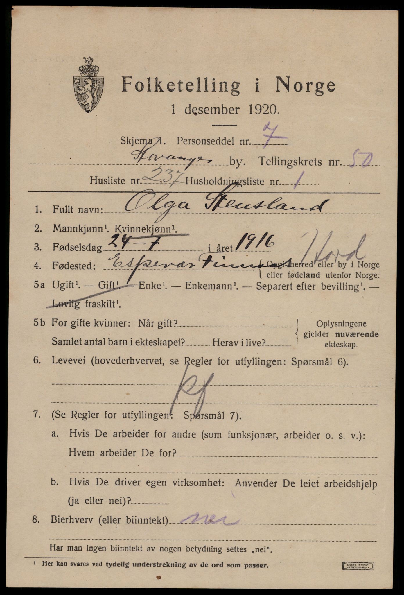 SAST, 1920 census for Stavanger, 1920, p. 122324