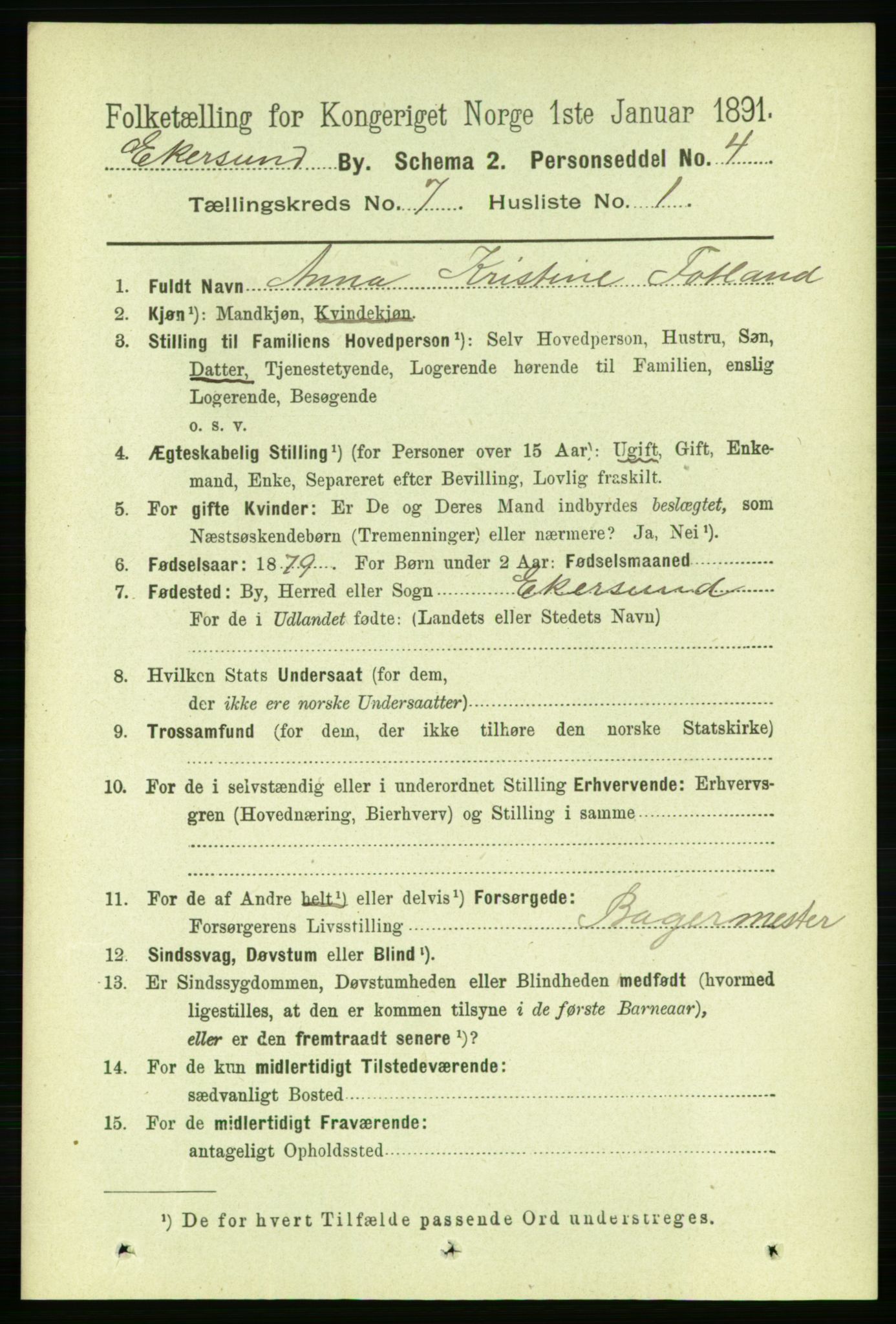 RA, 1891 census for 1101 Egersund, 1891, p. 1220