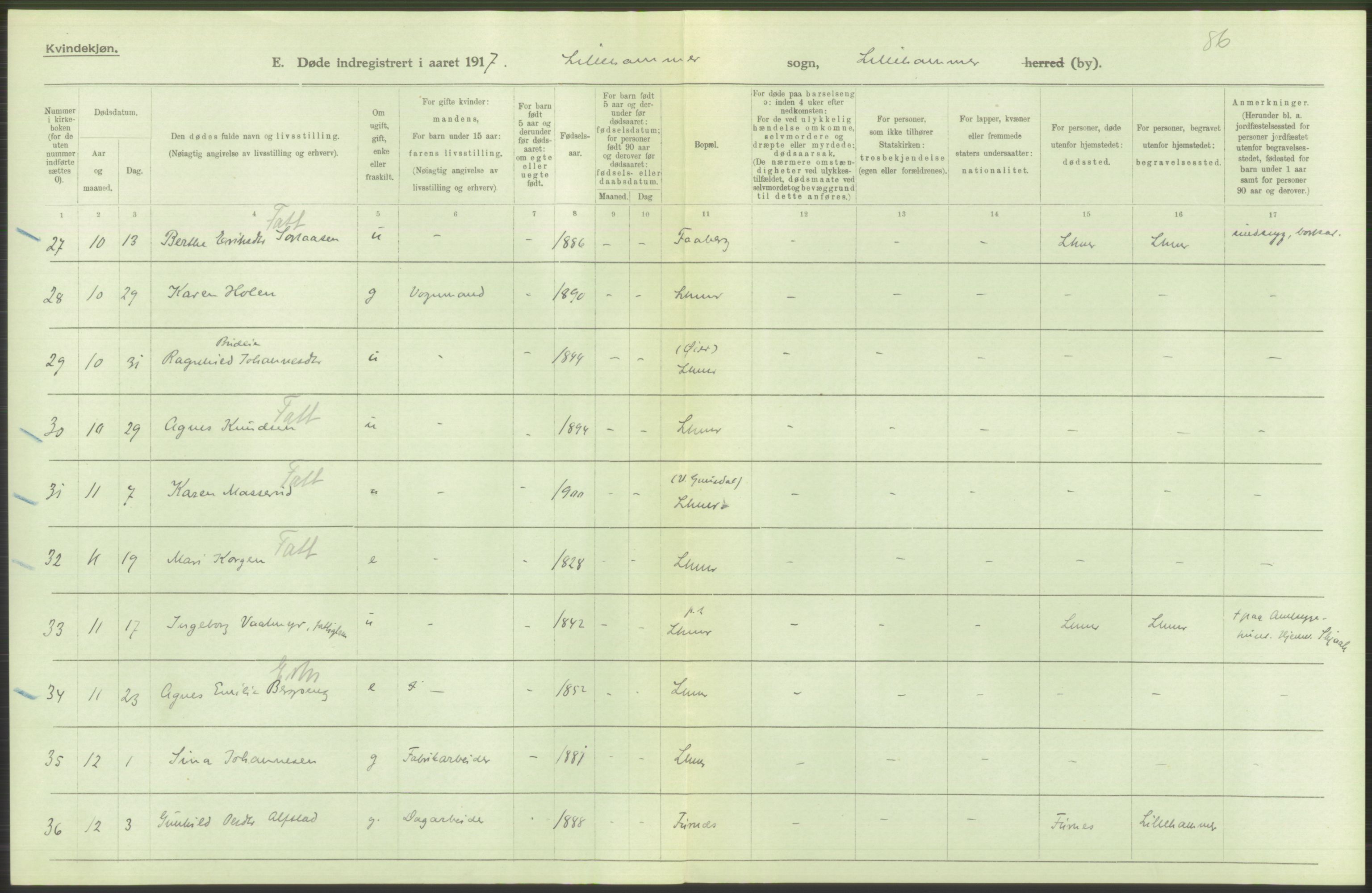 Statistisk sentralbyrå, Sosiodemografiske emner, Befolkning, AV/RA-S-2228/D/Df/Dfb/Dfbg/L0017: Kristians amt: Døde. Bygder, byer., 1917, p. 18