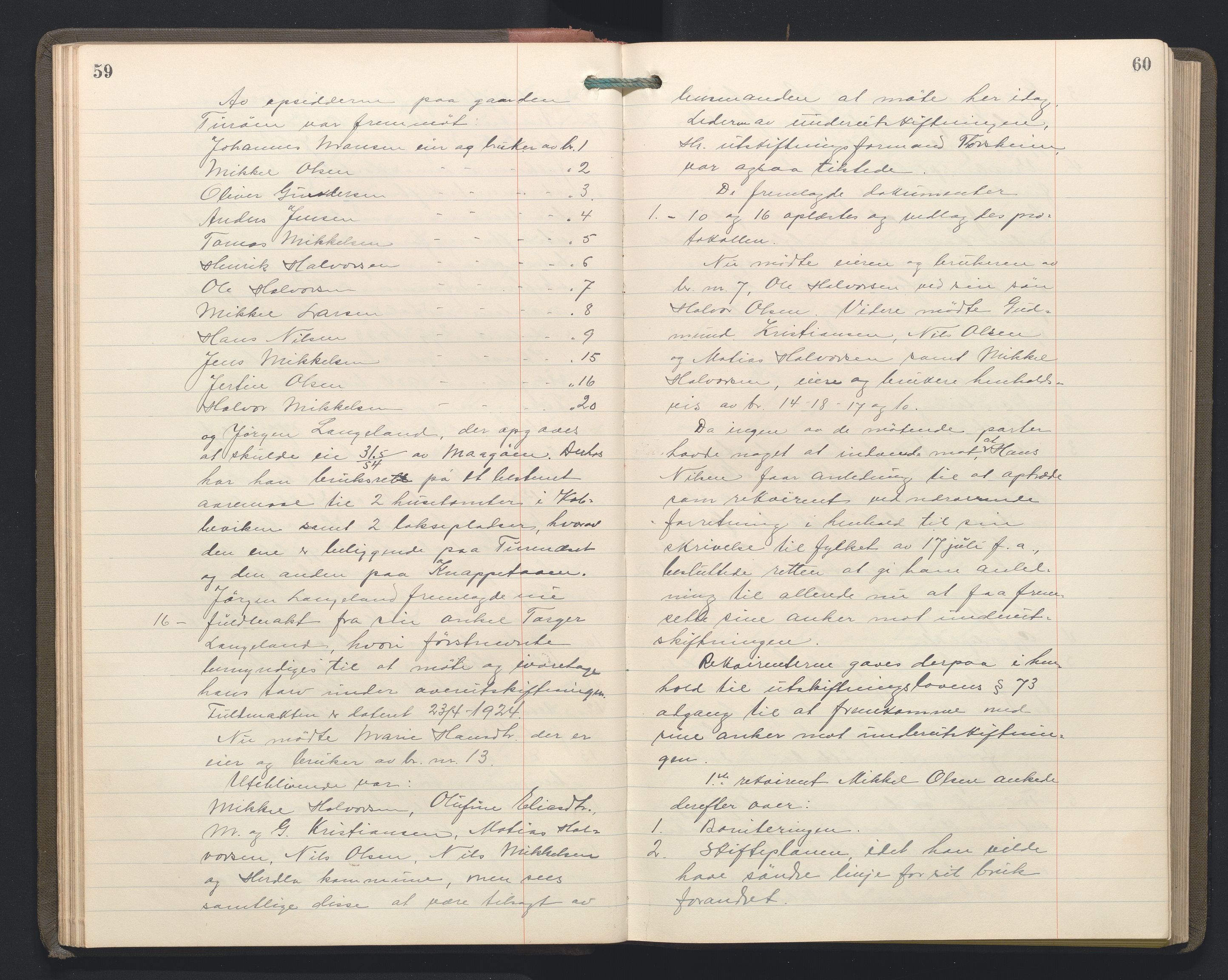 Hordaland jordskiftedøme - II Ytre Nordhordland jordskiftedistrikt, AV/SAB-A-6901/A/Aa/L0034: Forhandlingsprotokoll, 1923-1925, p. 59-60