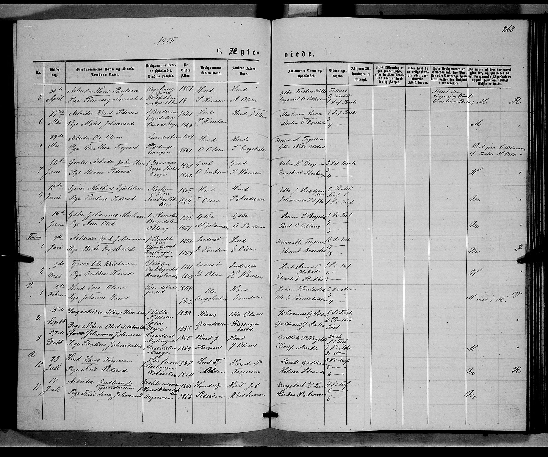 Ringebu prestekontor, AV/SAH-PREST-082/H/Ha/Hab/L0006: Parish register (copy) no. 6, 1880-1898, p. 265