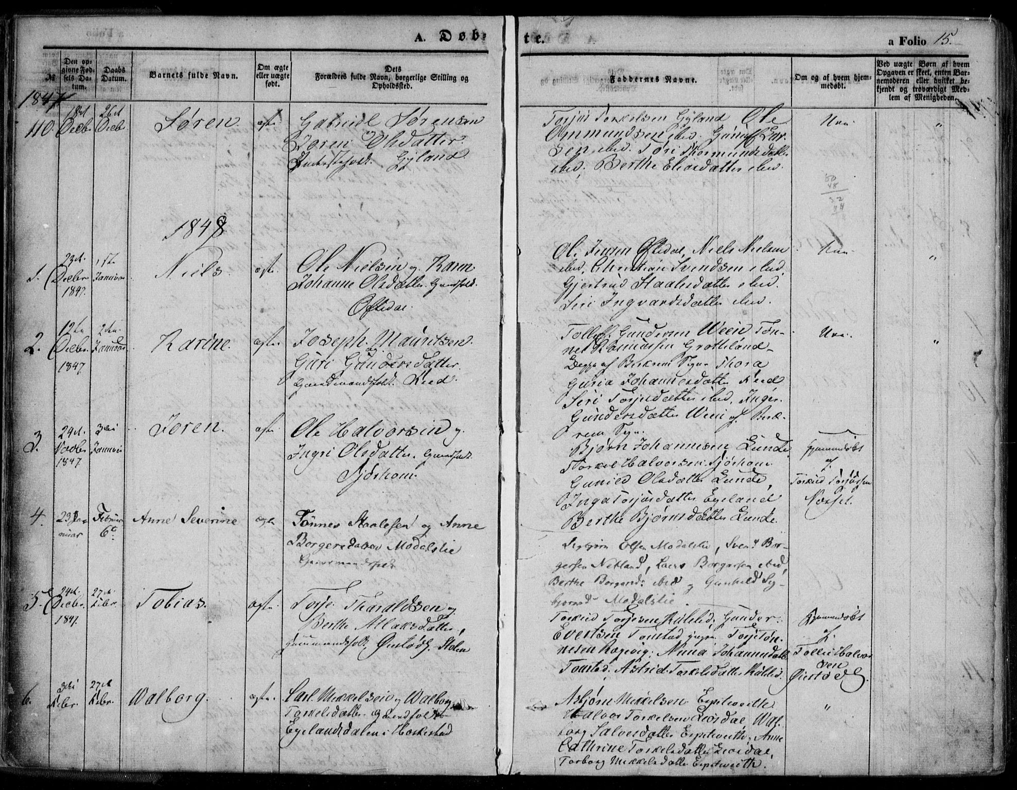 Bakke sokneprestkontor, AV/SAK-1111-0002/F/Fa/Faa/L0005: Parish register (official) no. A 5, 1847-1855, p. 15