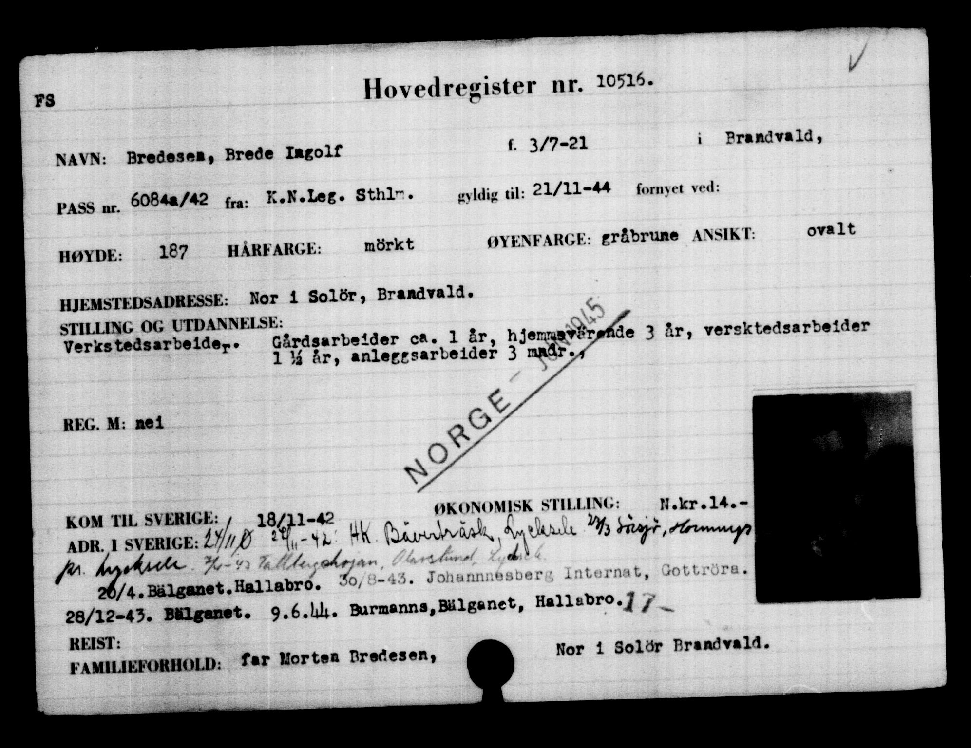 Utenriksstasjonene, Legasjonen i Stockholm, Flyktningkontoret, AV/RA-S-6753/V/Va/L0006: Kjesäterkartoteket, flyktninger med registreringsnr. 9400-12711, 1940-1945, p. 1286