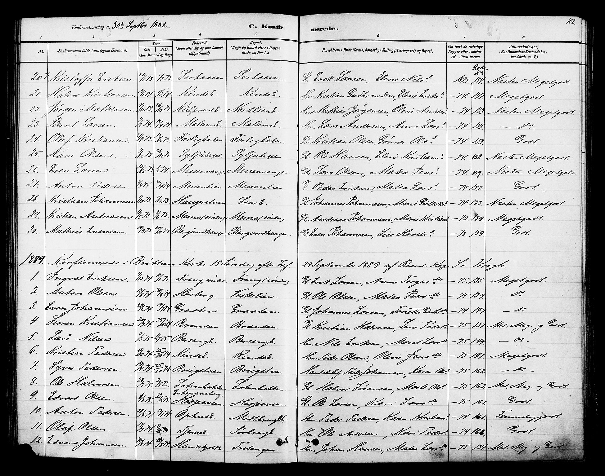Ringsaker prestekontor, SAH/PREST-014/K/Ka/L0013: Parish register (official) no. 13, 1879-1890, p. 102