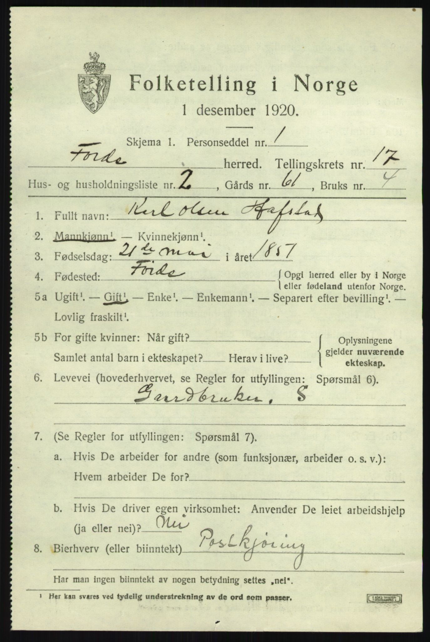 SAB, 1920 census for Førde, 1920, p. 5752