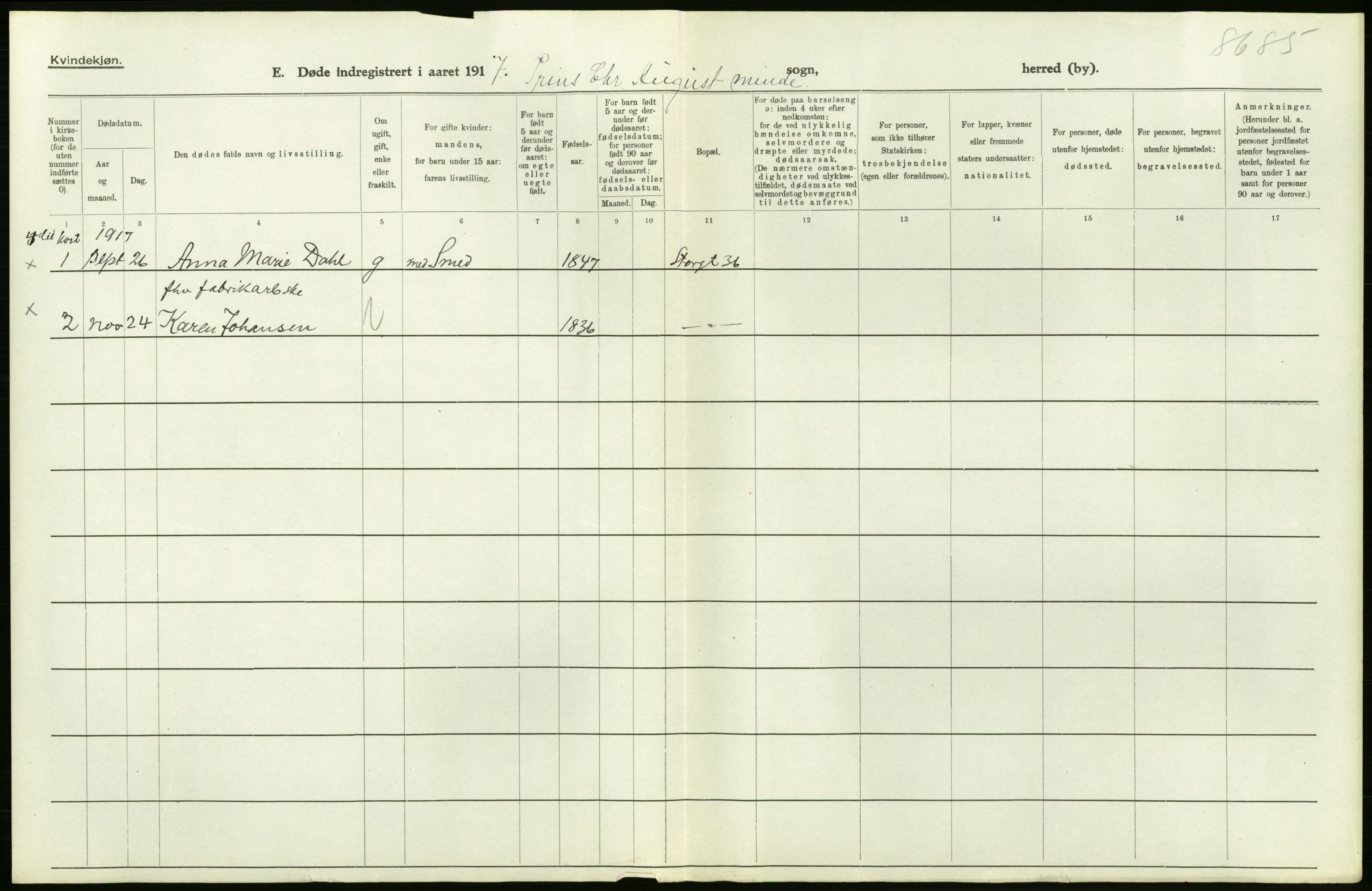 Statistisk sentralbyrå, Sosiodemografiske emner, Befolkning, RA/S-2228/D/Df/Dfb/Dfbg/L0011: Kristiania: Døde, dødfødte., 1917, p. 212