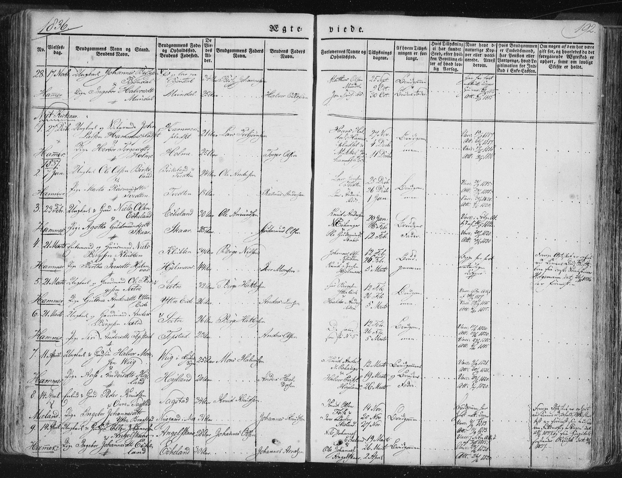 Hamre sokneprestembete, AV/SAB-A-75501/H/Ha/Haa/Haaa/L0012: Parish register (official) no. A 12, 1834-1845, p. 192