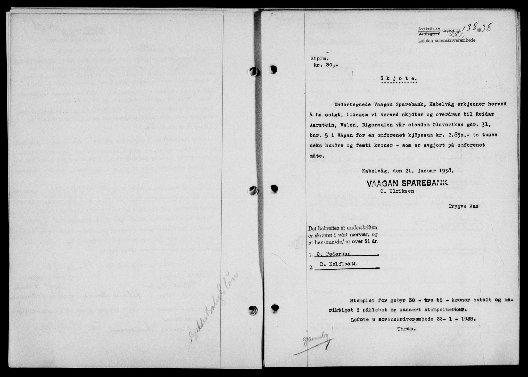 Lofoten sorenskriveri, SAT/A-0017/1/2/2C/L0003a: Mortgage book no. 3a, 1937-1938, Diary no: : 138/1938