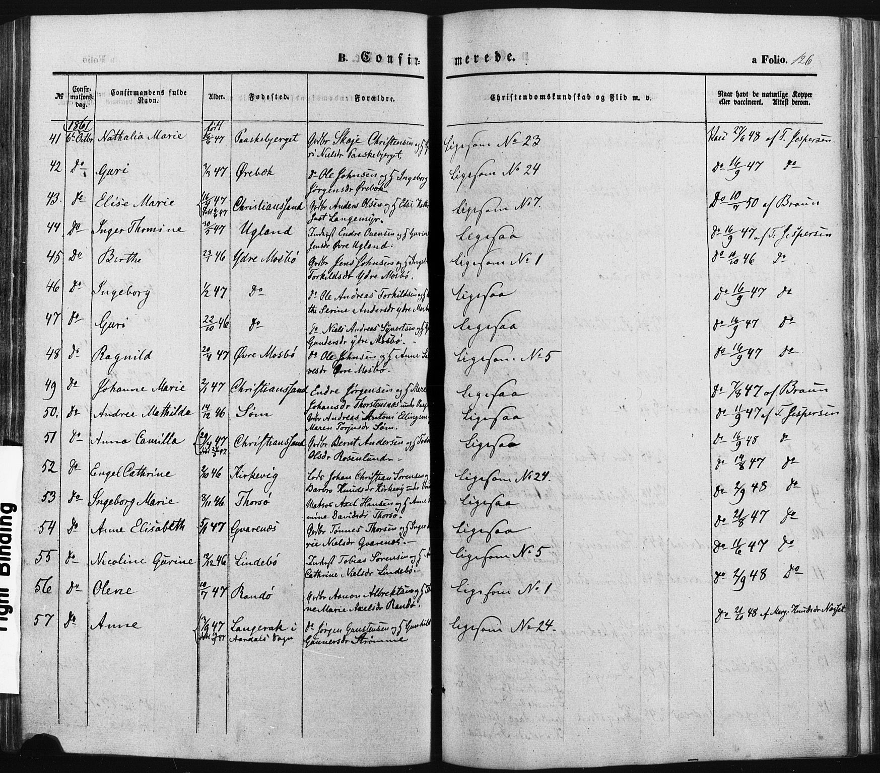 Oddernes sokneprestkontor, AV/SAK-1111-0033/F/Fa/Faa/L0007: Parish register (official) no. A 7, 1851-1863, p. 126