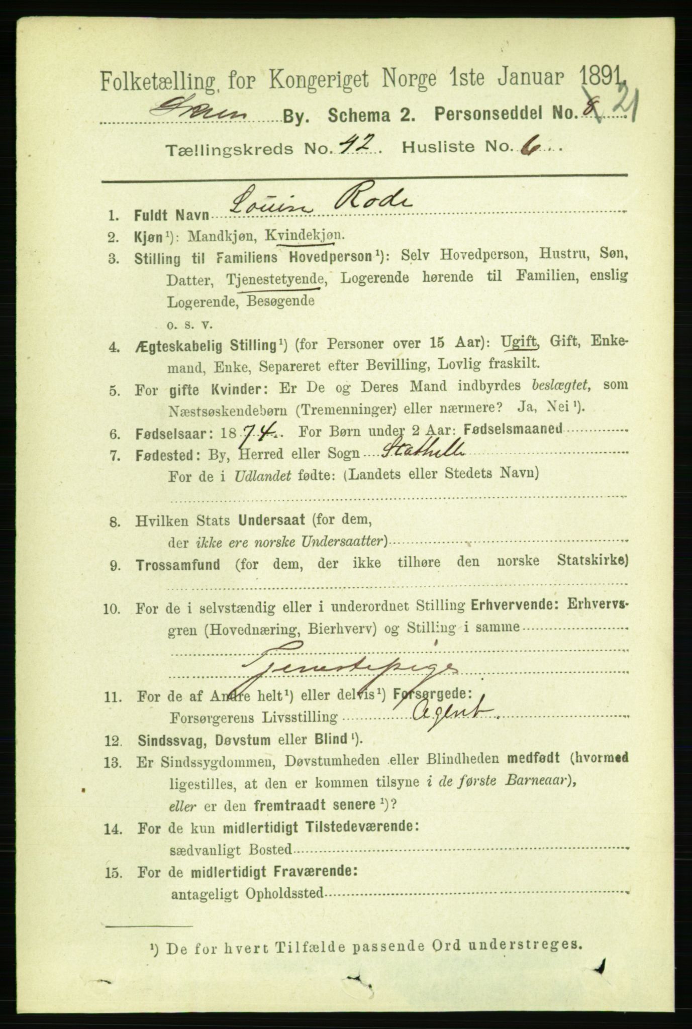 RA, 1891 census for 0806 Skien, 1891, p. 8584