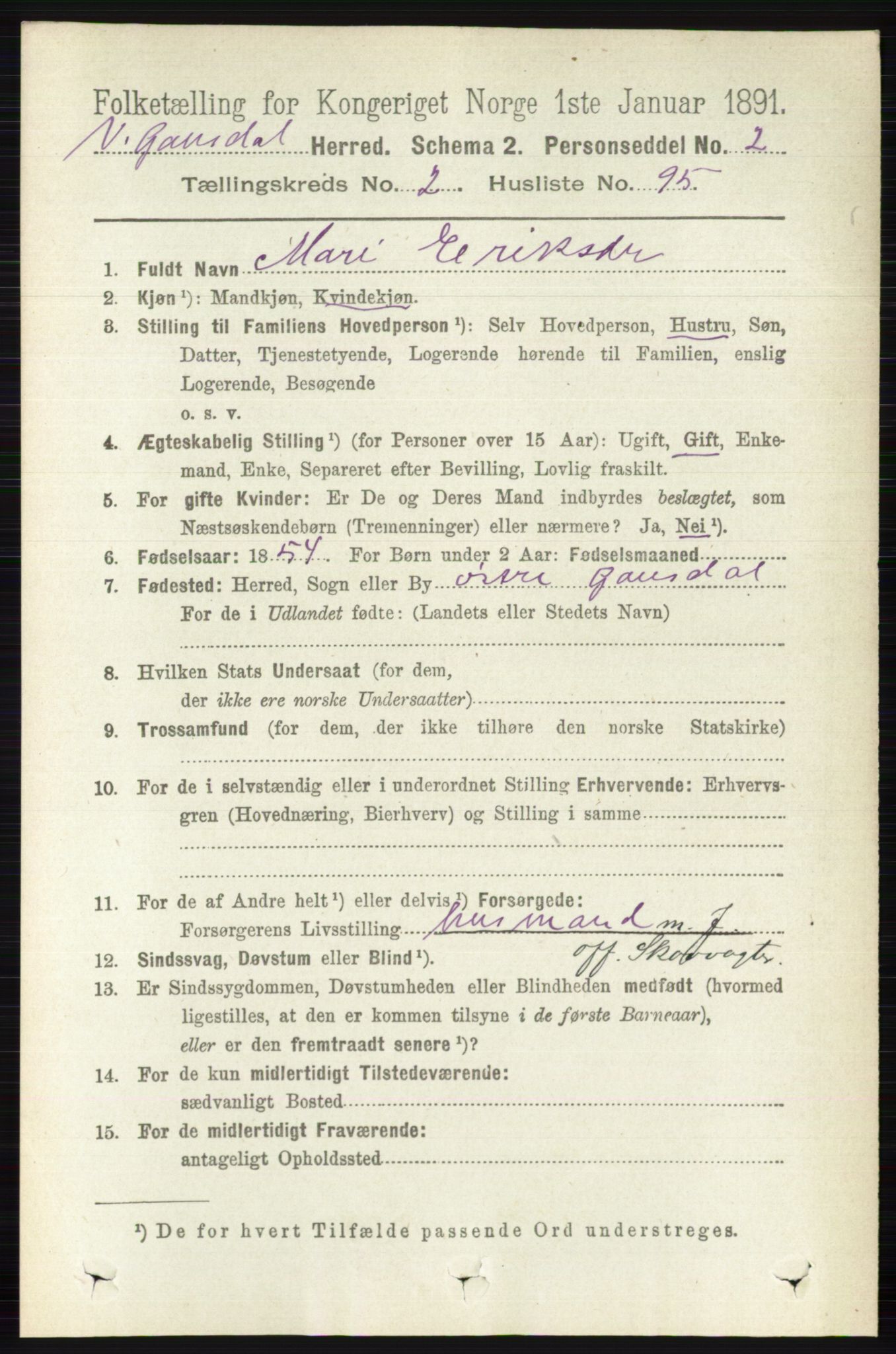 RA, 1891 census for 0523 Vestre Gausdal, 1891, p. 1066