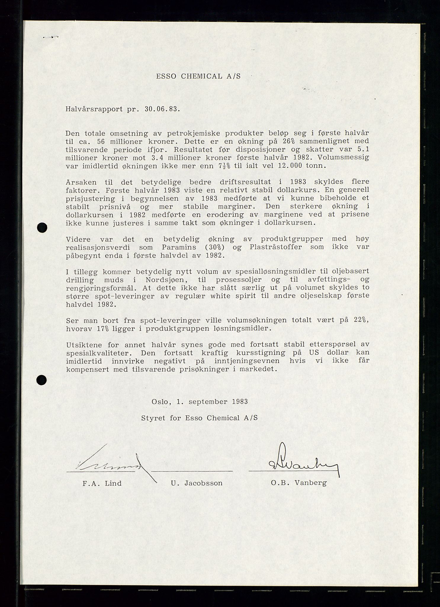 PA 1538 - Exxon Chemical Norge A/S, SAST/A-101958/A/Aa/L0002/0001: Styredokumenter / Halvårsrapporter 1983-1984, Generalforsamling, Styremøter og halvårsrapporter 1985-1988, 1983-1988