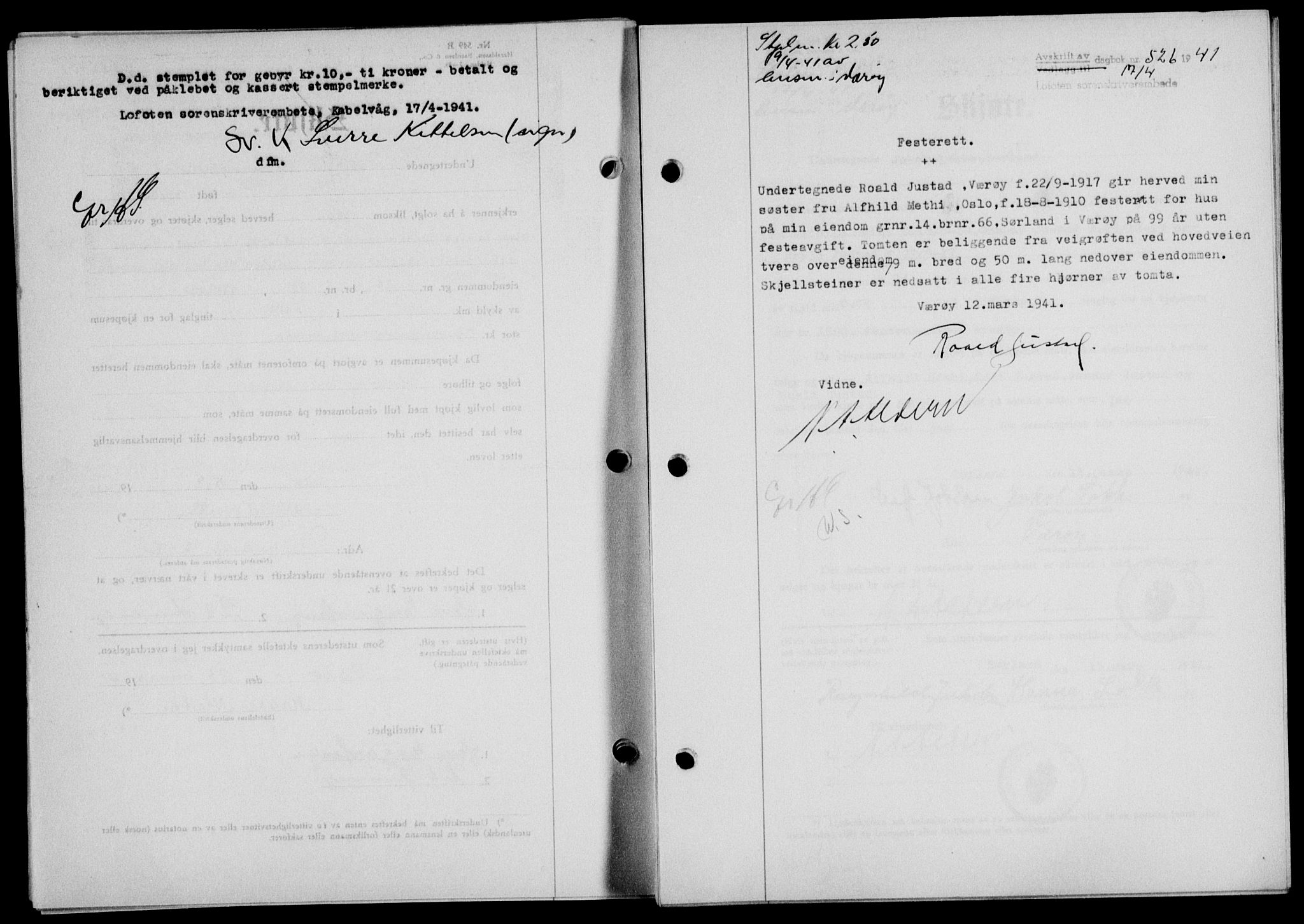 Lofoten sorenskriveri, SAT/A-0017/1/2/2C/L0008a: Mortgage book no. 8a, 1940-1941, Diary no: : 526/1941