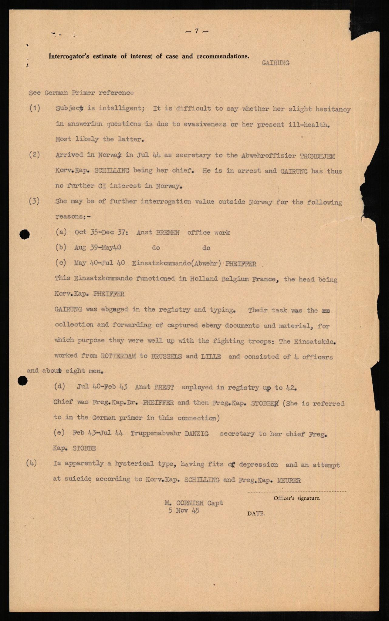 Forsvaret, Forsvarets overkommando II, AV/RA-RAFA-3915/D/Db/L0009: CI Questionaires. Tyske okkupasjonsstyrker i Norge. Tyskere., 1945-1946, p. 8