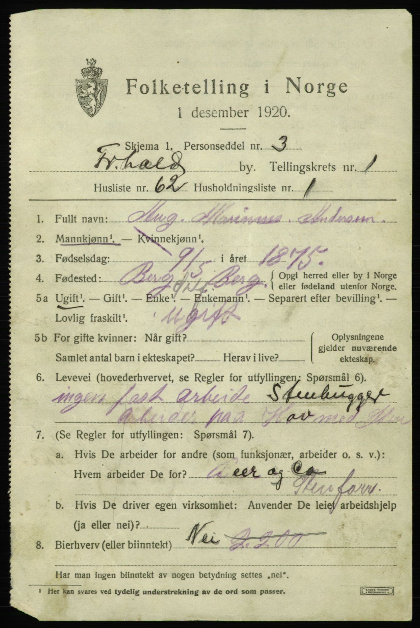 SAO, 1920 census for Fredrikshald, 1920, p. 9247