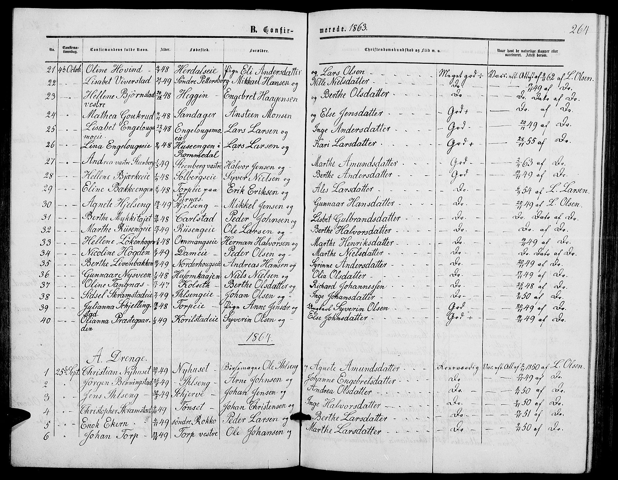 Løten prestekontor, SAH/PREST-022/L/La/L0004: Parish register (copy) no. 4, 1863-1877, p. 264