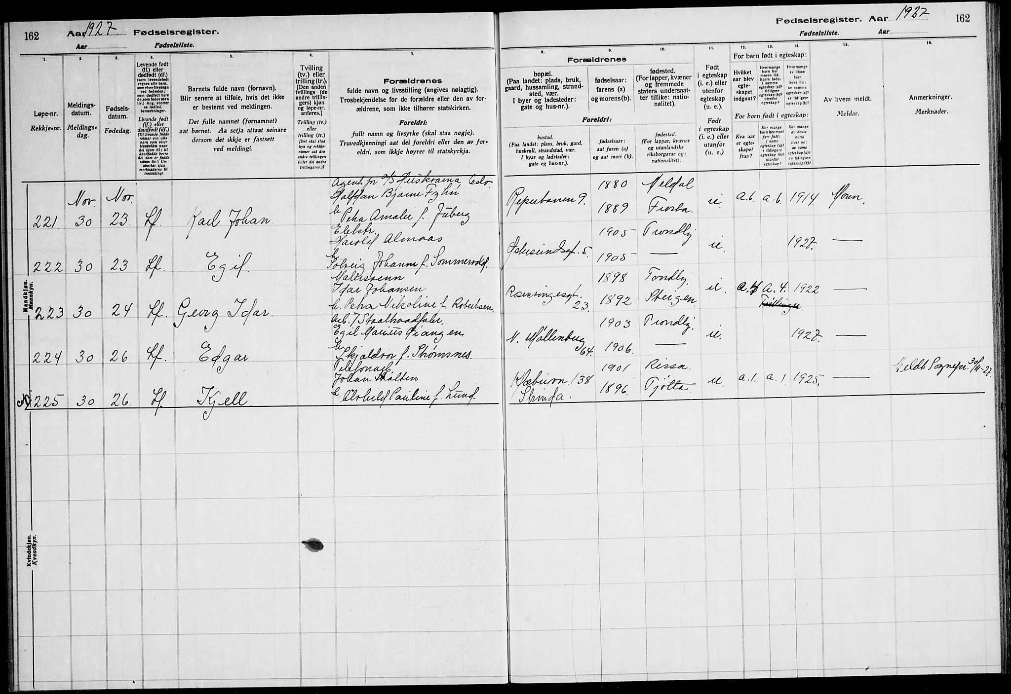 Ministerialprotokoller, klokkerbøker og fødselsregistre - Sør-Trøndelag, AV/SAT-A-1456/600/L0004: Birth register no. 600.II.4.3, 1924-1928, p. 162