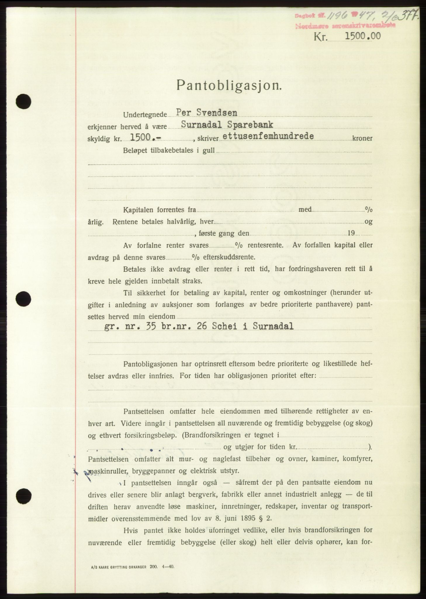 Nordmøre sorenskriveri, AV/SAT-A-4132/1/2/2Ca: Mortgage book no. B96, 1947-1947, Diary no: : 1196/1947