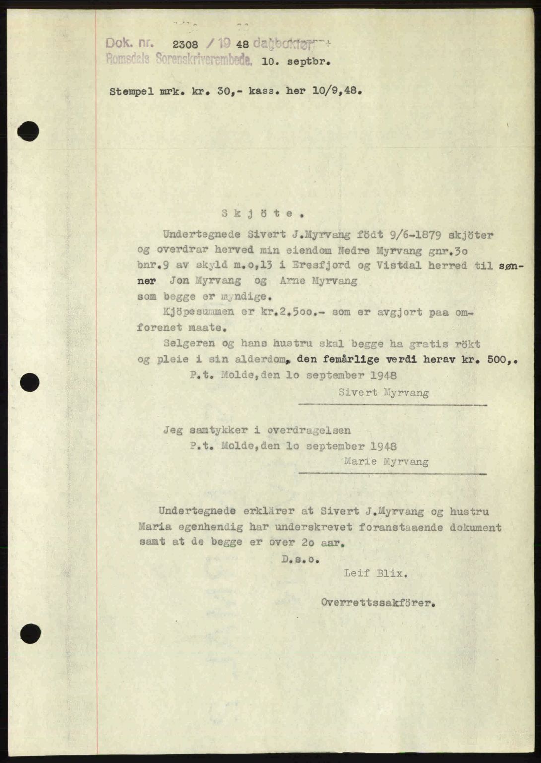 Romsdal sorenskriveri, AV/SAT-A-4149/1/2/2C: Mortgage book no. A27, 1948-1948, Diary no: : 2308/1948