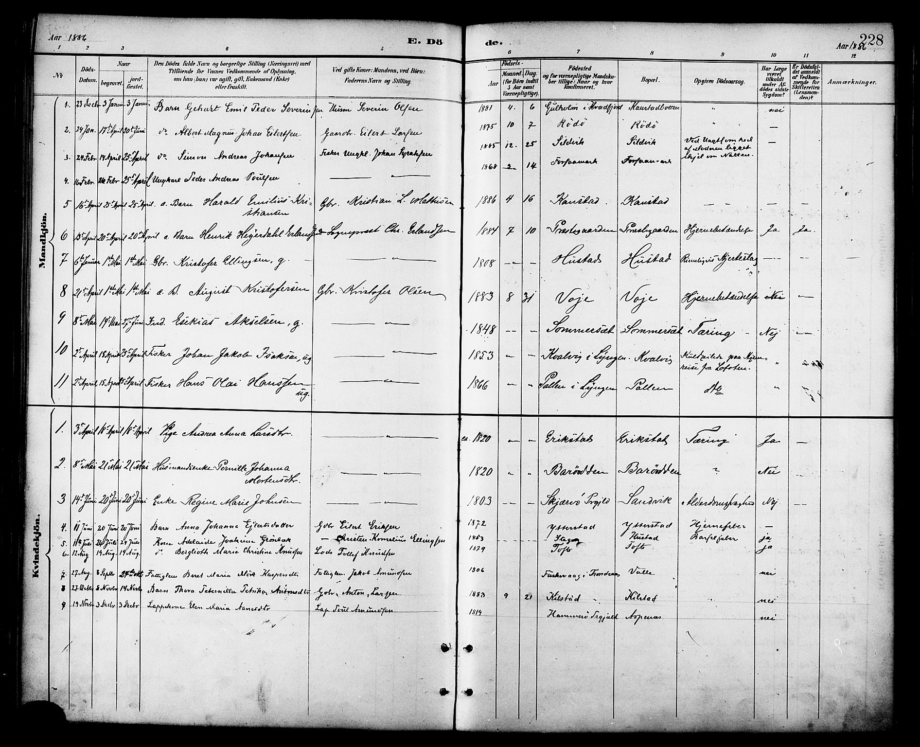 Ministerialprotokoller, klokkerbøker og fødselsregistre - Nordland, AV/SAT-A-1459/872/L1035: Parish register (official) no. 872A10, 1884-1896, p. 228