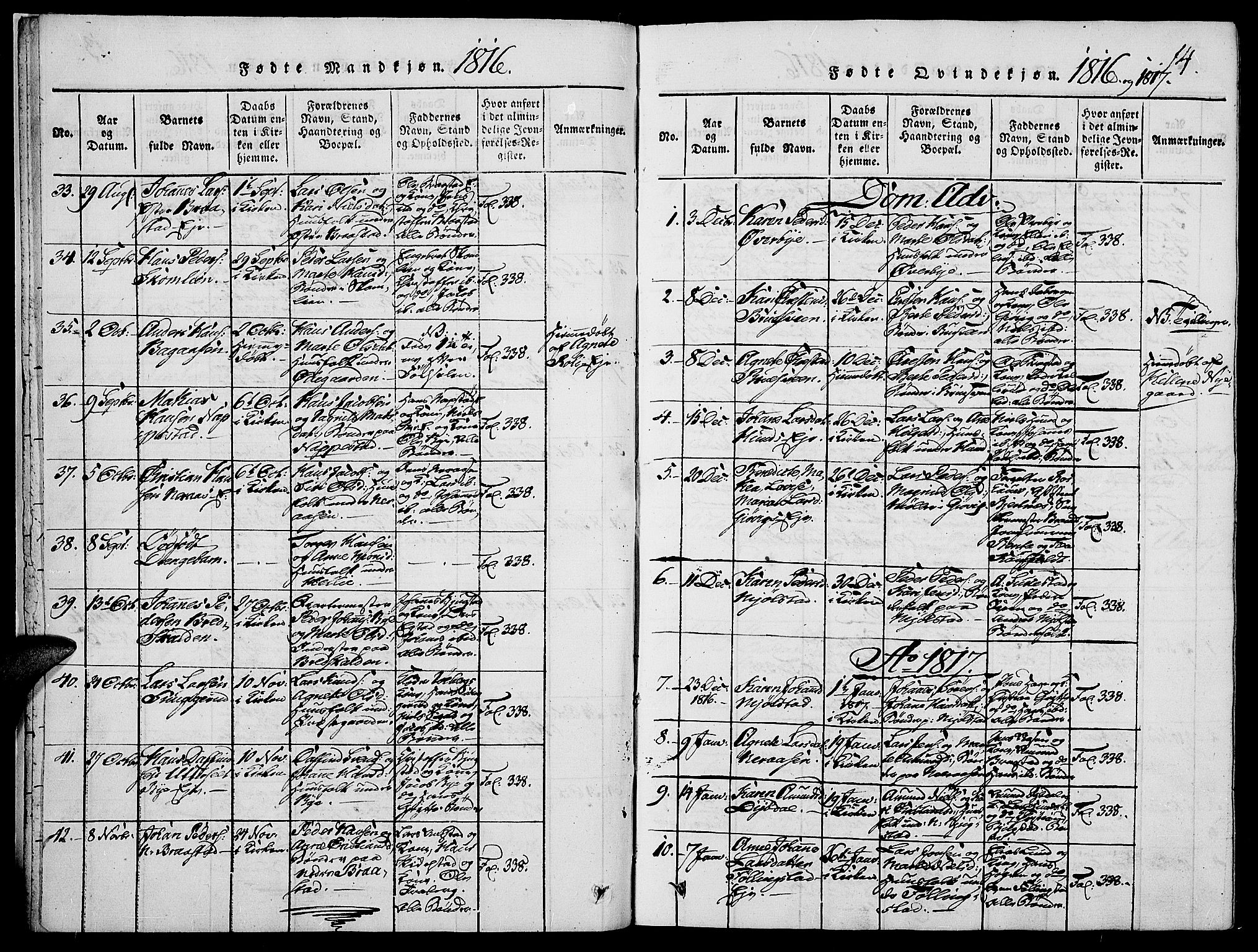 Vardal prestekontor, SAH/PREST-100/H/Ha/Haa/L0004: Parish register (official) no. 4, 1814-1831, p. 14