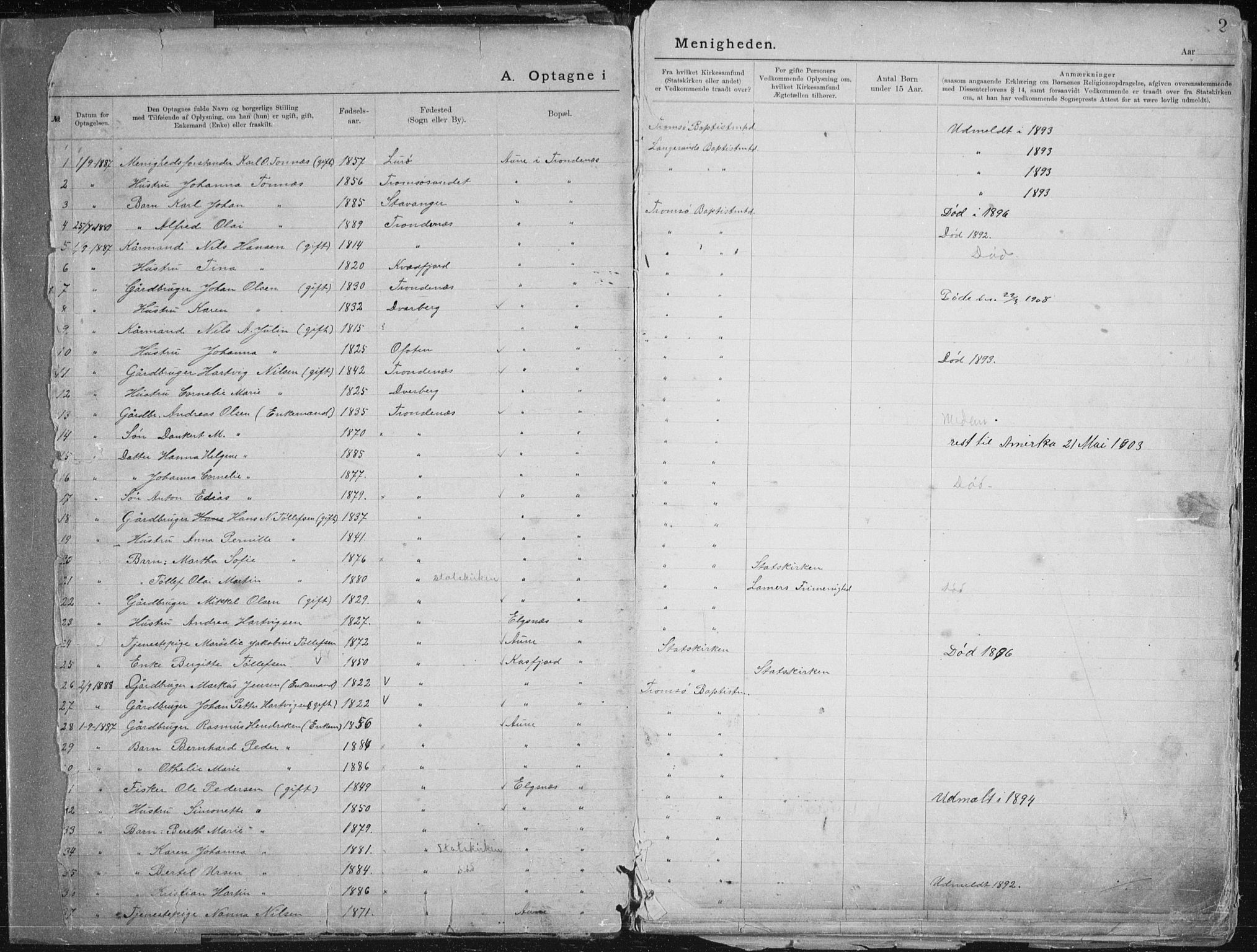 Aune baptistmenighet, SATØ/P-0182/F/L0006DP: Dissenter register no. 6, 1887-1939, p. 2