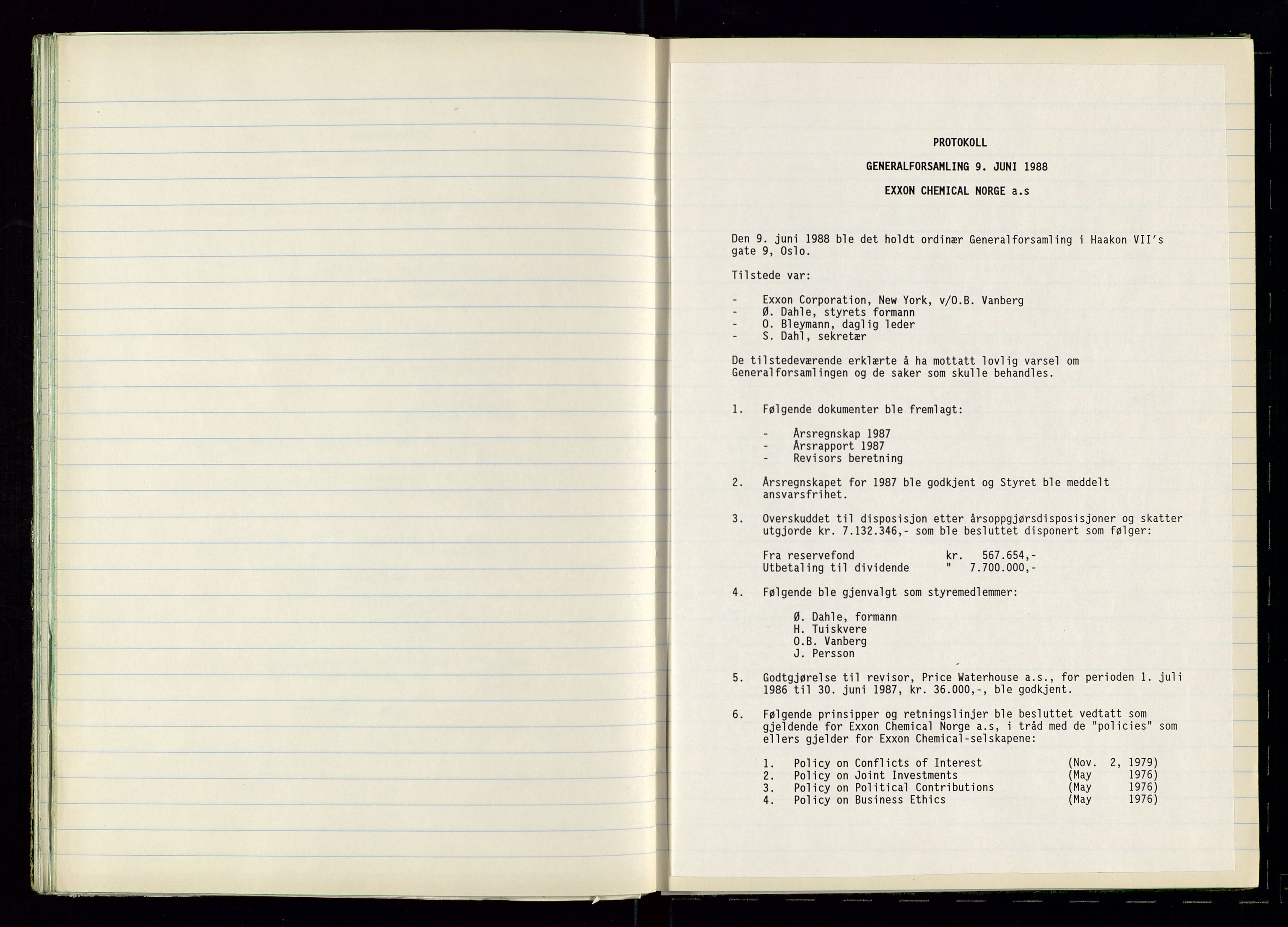 PA 1538 - Exxon Chemical Norge A/S, AV/SAST-A-101958/A/Aa/L0001/0002: Generalforsamlinger og styreprotokoller / Protokoll for generalforsamlinger, 1966-1996