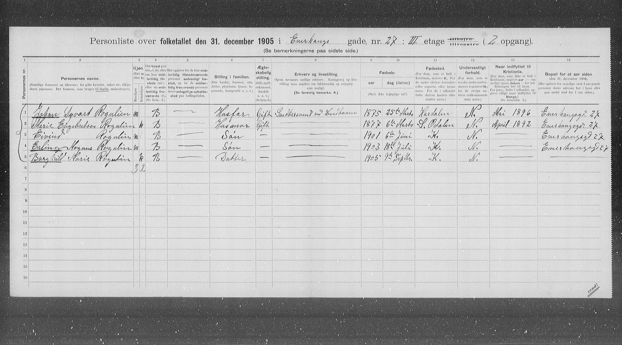 OBA, Municipal Census 1905 for Kristiania, 1905, p. 10960