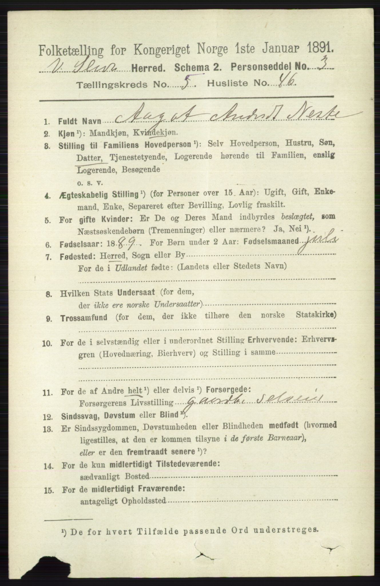 RA, 1891 census for 0543 Vestre Slidre, 1891, p. 1983