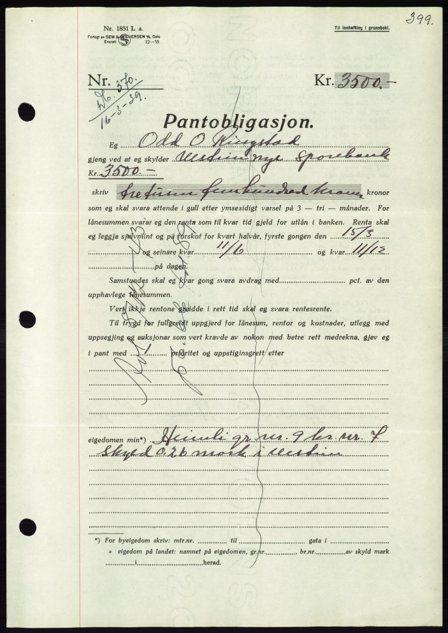 Søre Sunnmøre sorenskriveri, AV/SAT-A-4122/1/2/2C/L0067: Mortgage book no. 61, 1938-1939, Diary no: : 370/1939