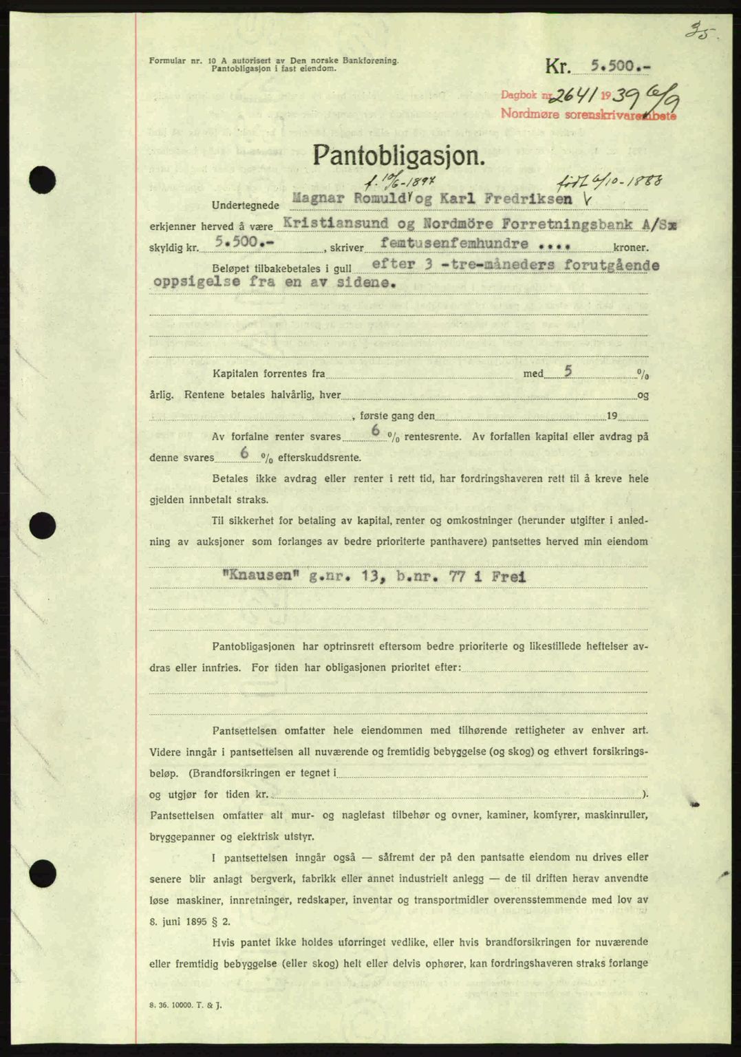 Nordmøre sorenskriveri, AV/SAT-A-4132/1/2/2Ca: Mortgage book no. B86, 1939-1940, Diary no: : 2641/1939