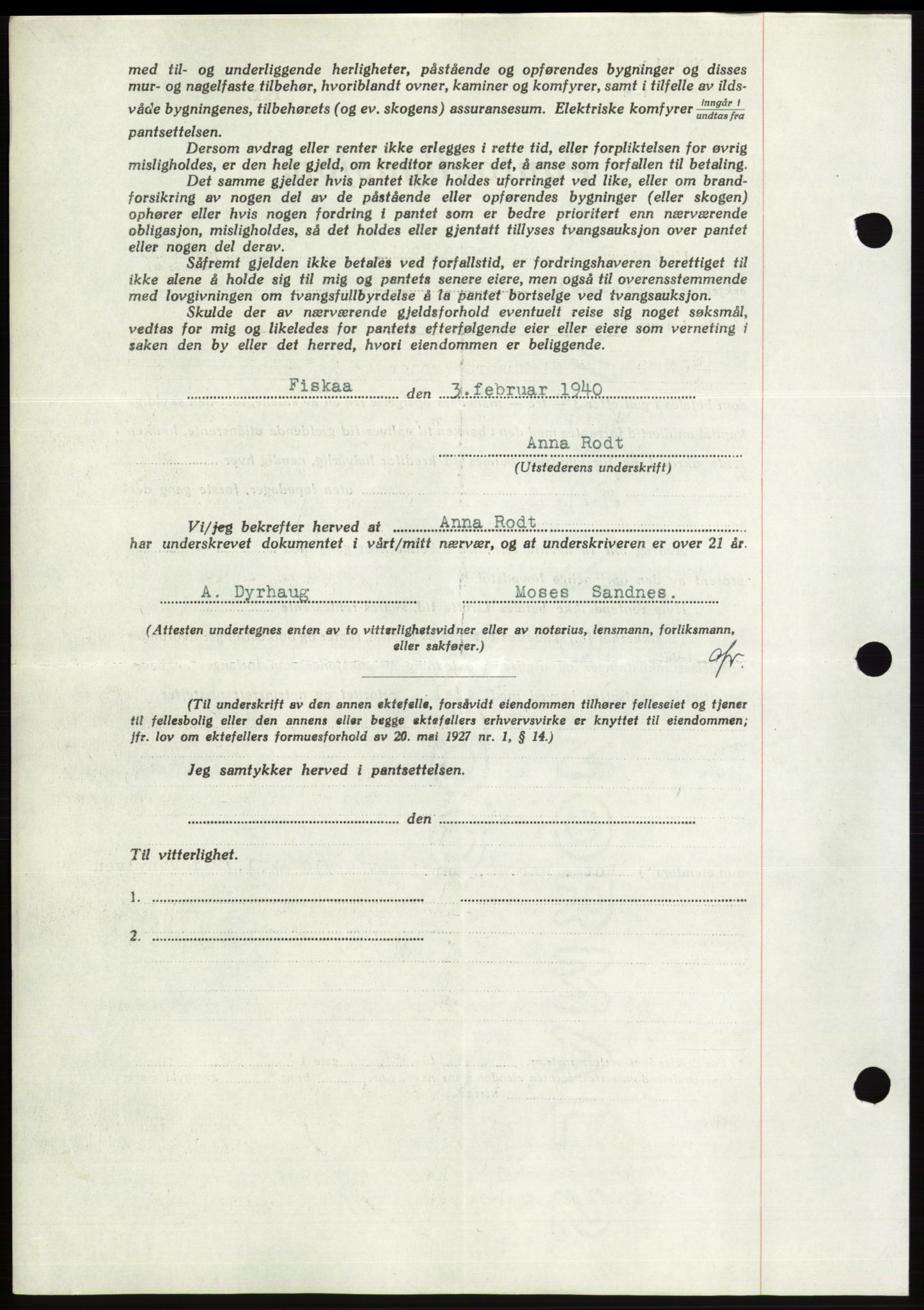 Søre Sunnmøre sorenskriveri, AV/SAT-A-4122/1/2/2C/L0069: Mortgage book no. 63, 1939-1940, Diary no: : 105/1940