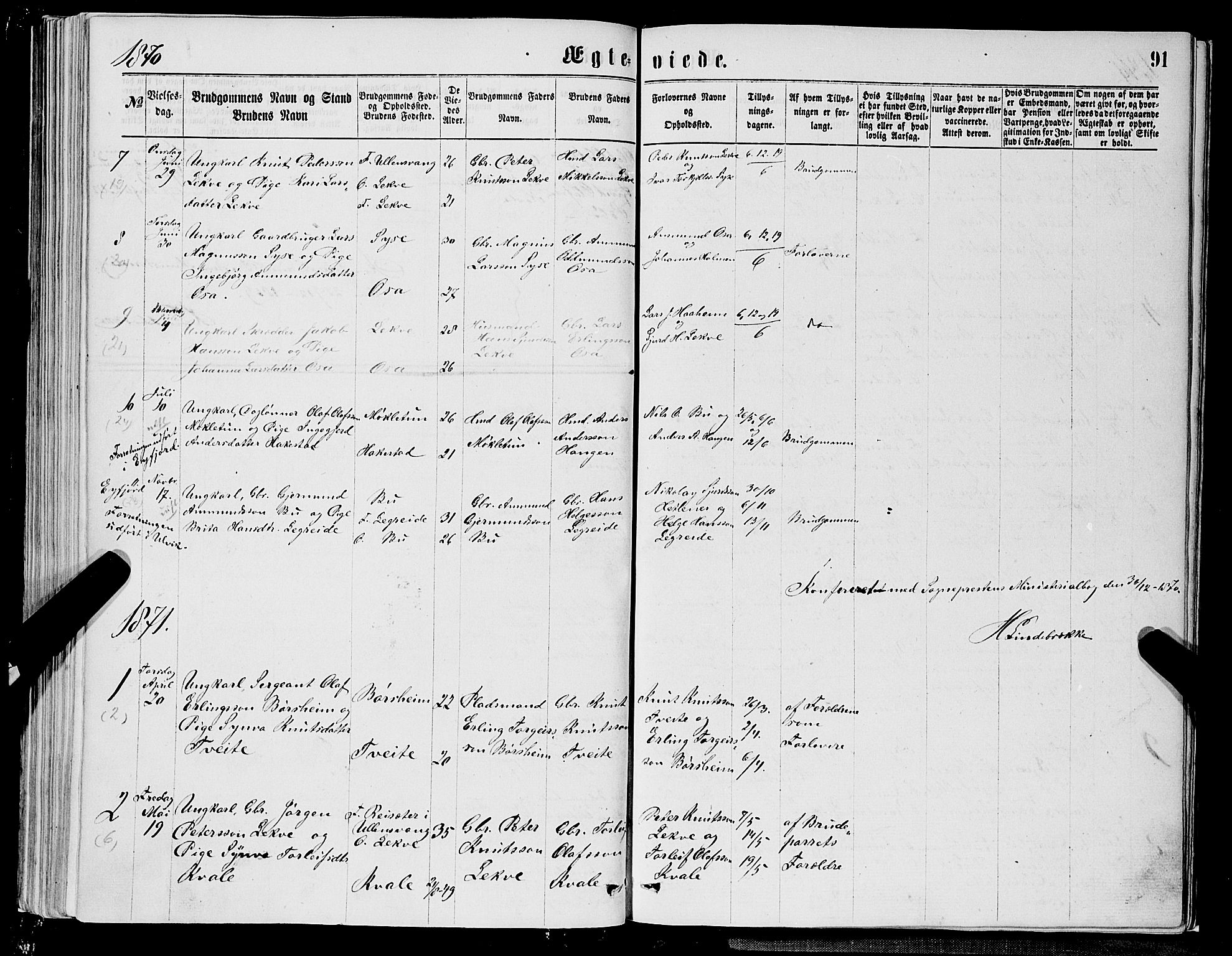 Ulvik sokneprestembete, SAB/A-78801/H/Hab: Parish register (copy) no. A 2, 1869-1882, p. 91